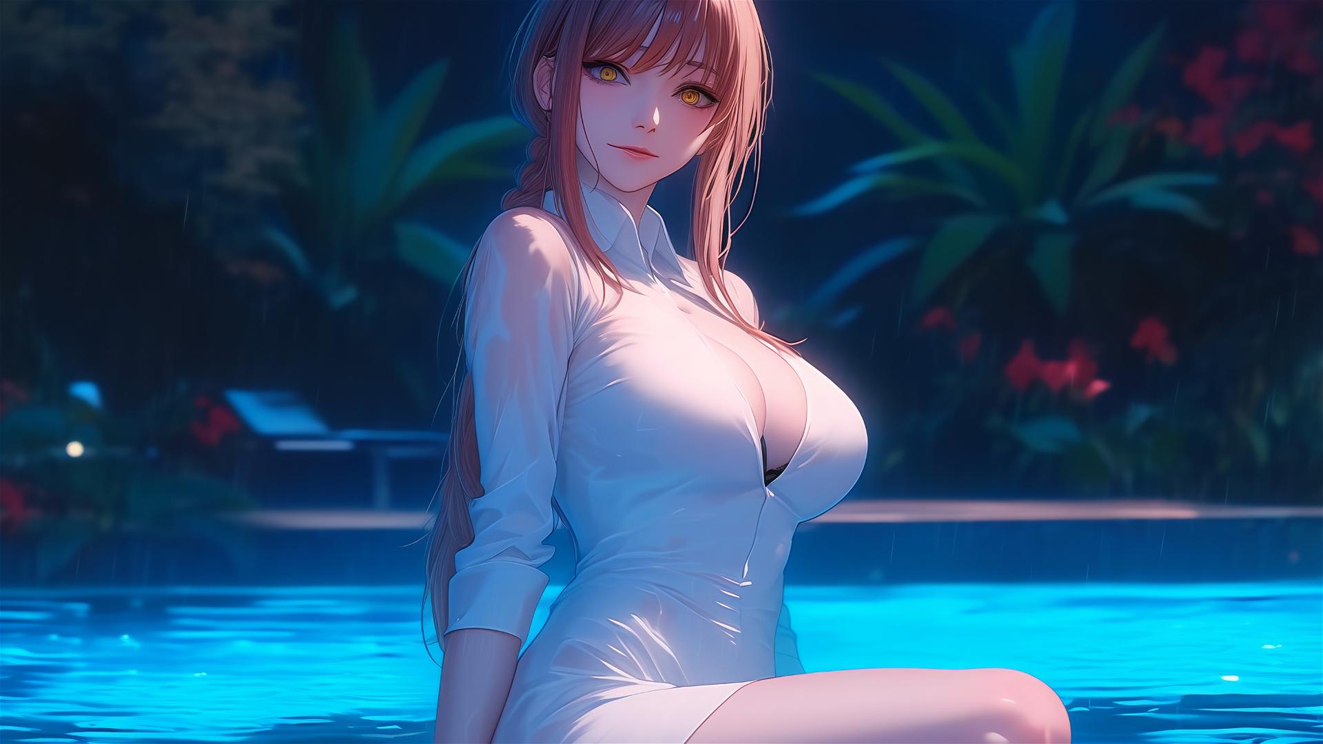 Makima resting by a pool under moonlight