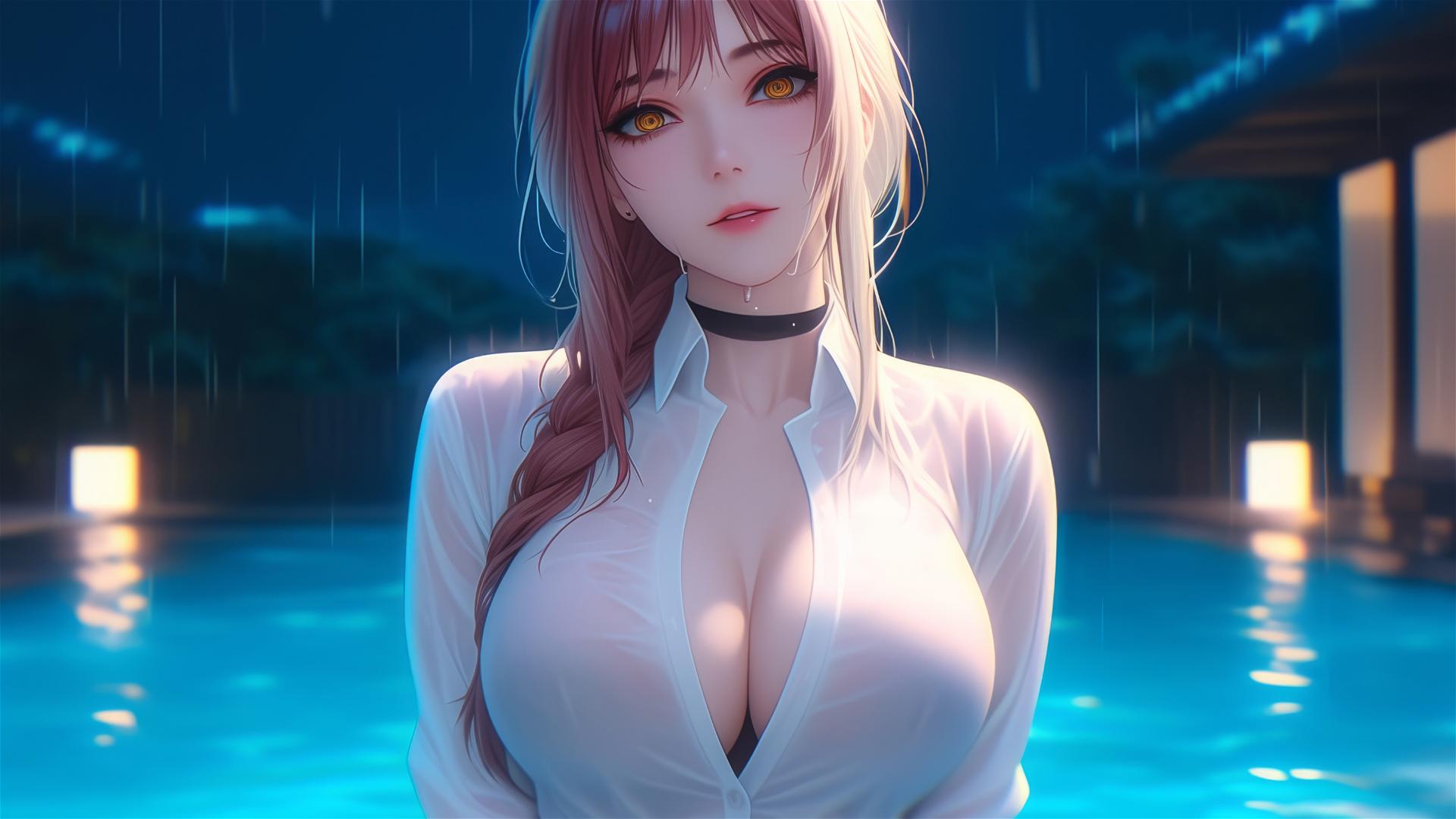 Blond Makima from Chainsaw Man resting by a rainy swimming pool under moonlight, wearing a white dress