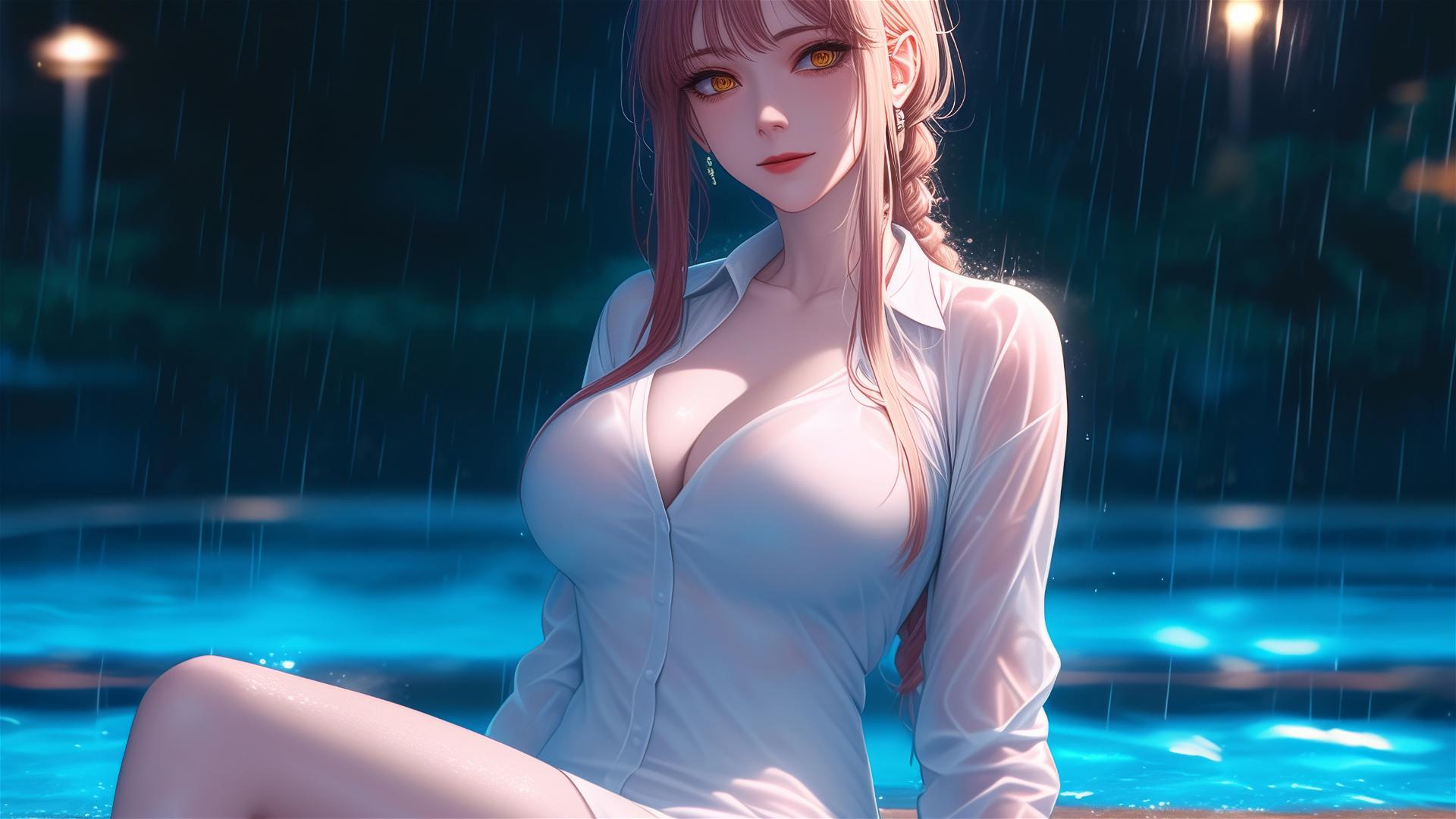 Makima from Chainsaw Man resting by a pool in moonlight, white dress, blond hair