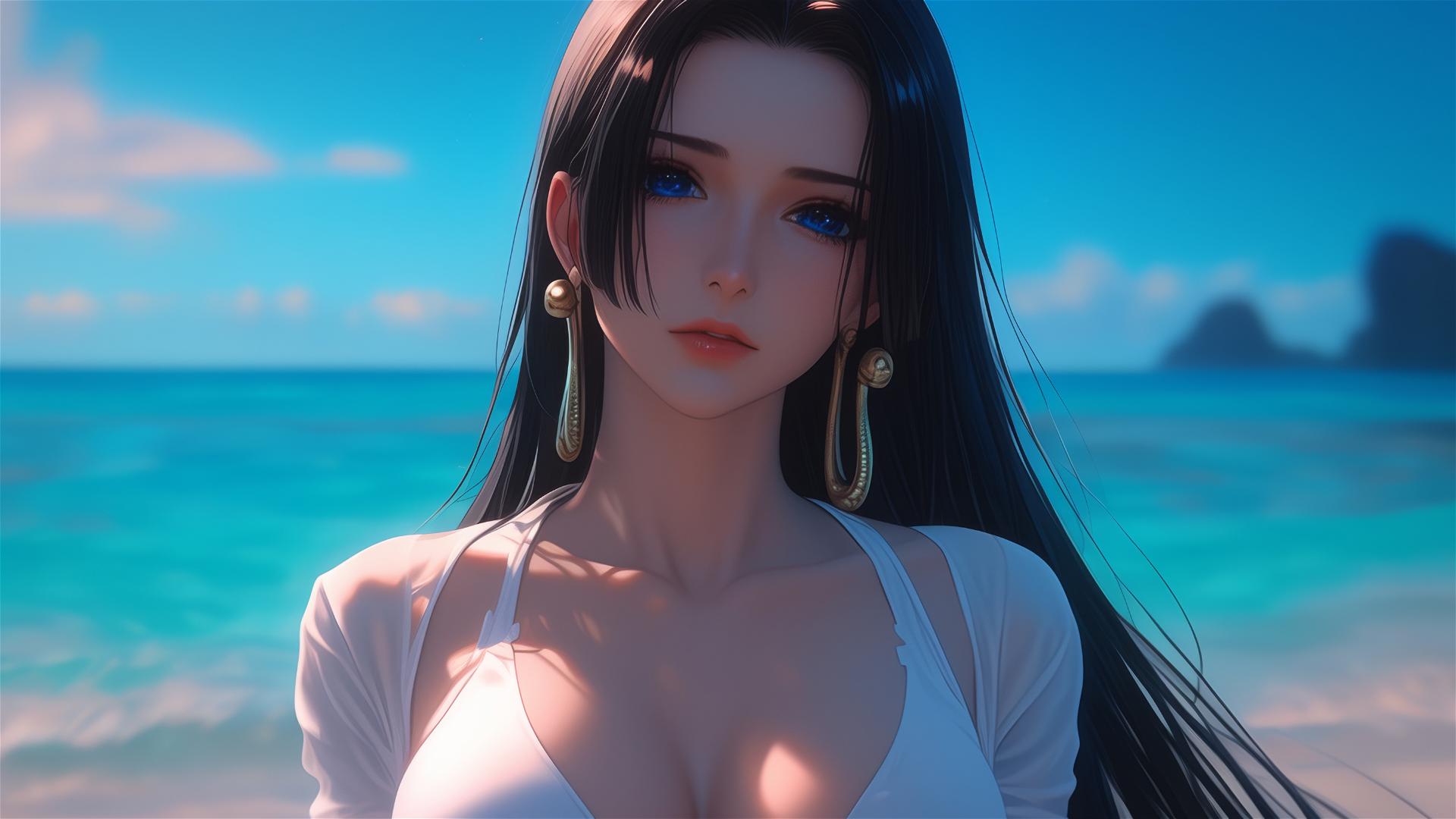 Boa Hancock from One Piece standing at a sunny beach, soft glow illuminated her figure