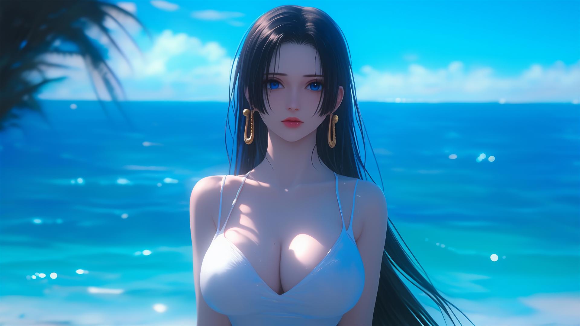 Boa Hancock from One Piece standing at a sunny beach, immersed in warm sunlight.