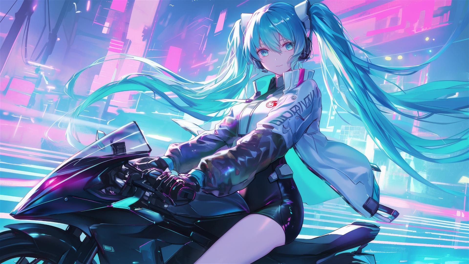 Hatsune Miku in futuristic racer outfit leaning on a high-speed hoverbike under neon lights