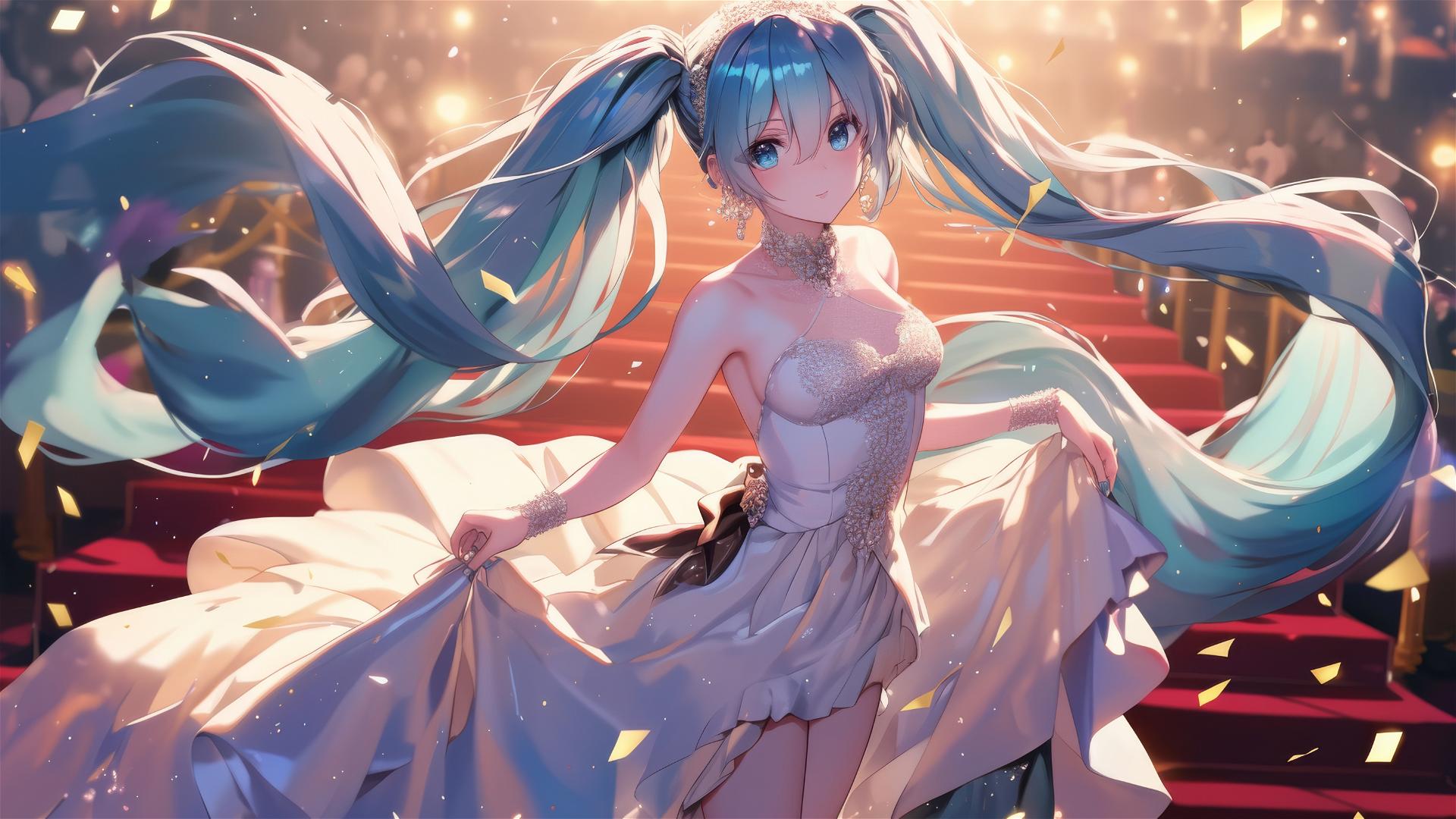 Hatsune Miku from Vocaloid in a glamorous Hollywood gown on the red carpet at a film premiere