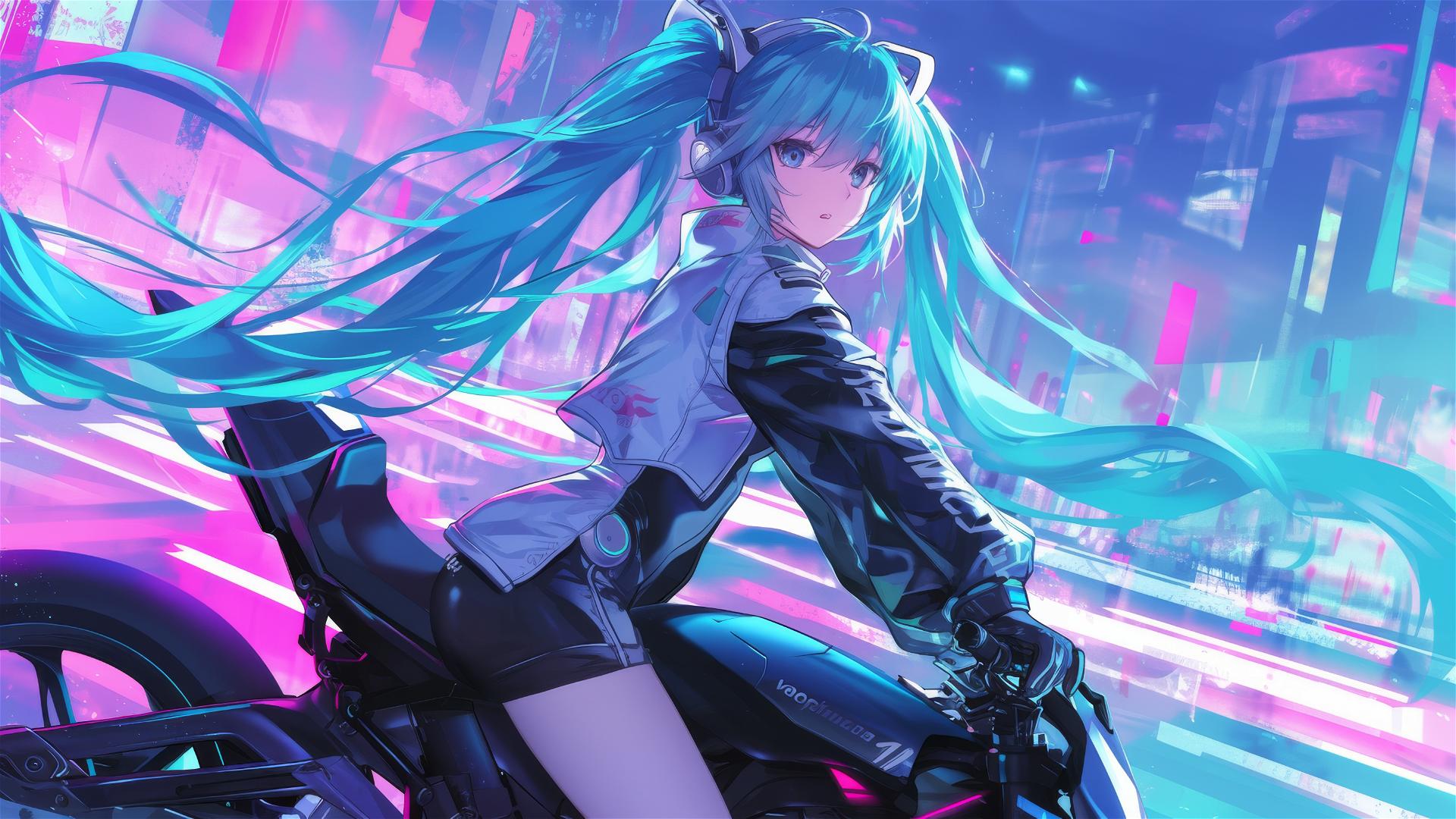 Hatsune Miku from Vocaloid in futuristic racing gear leaning on a high-speed hoverbike under neon glow