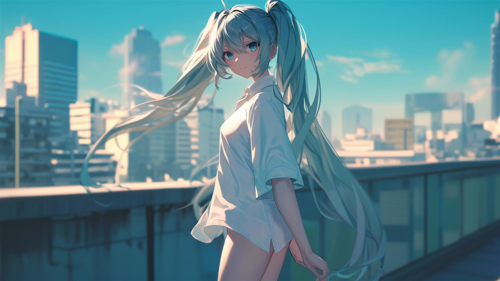 Hatsune Miku from Vocaloid in modern attire with blurred urban landscape as a backdrop