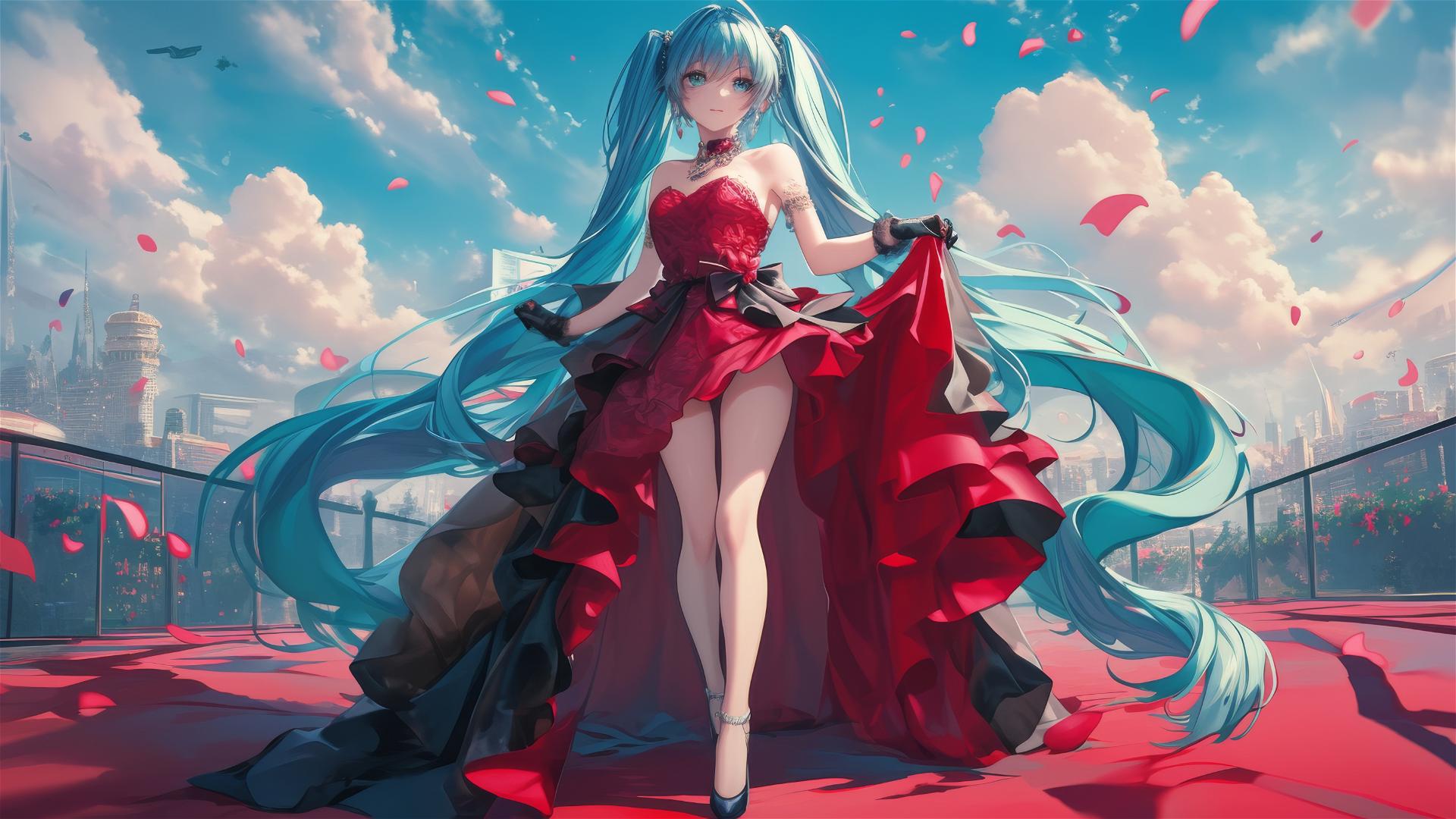 Hatsune Miku from Vocaloid in a glamorous Hollywood gown on red carpet at film premiere