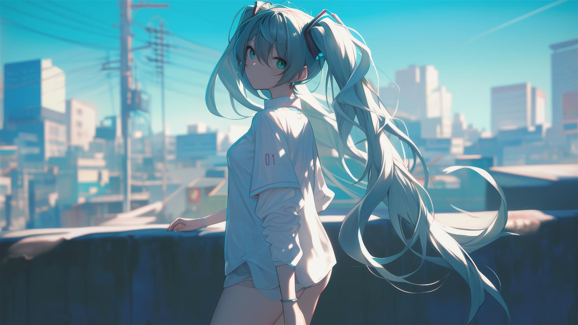 Hatsune Miku from Vocaloid relaxed in modern attire under sunlit urban landscape