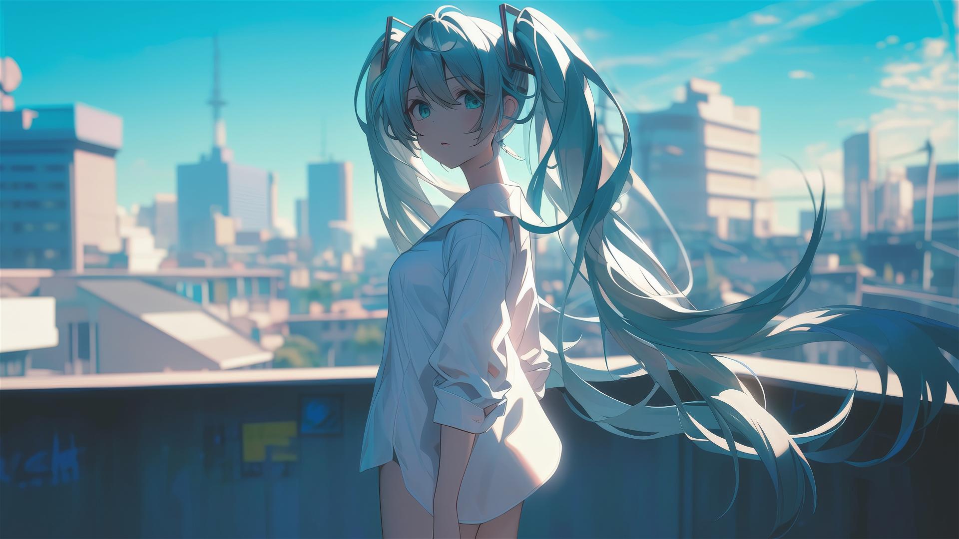 A confident Hatsune Miku from Vocaloid in a modern white shirt, with a blurred urban landscape in the background