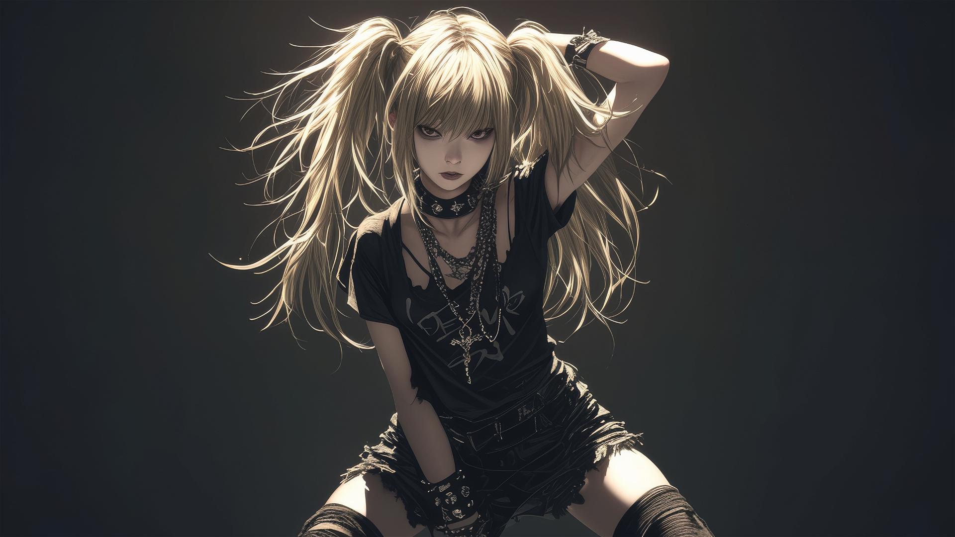 Isolated shot of Misa Amane from Death Note on a dark background, spotlight effect, dynamic pose highlighting thigh