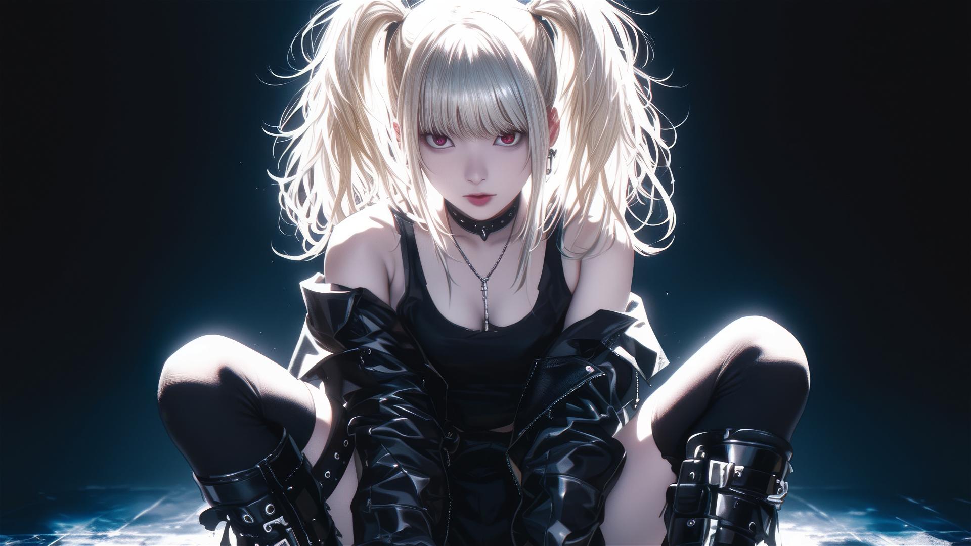 Misa Amane from Death Note on a dark background, captured in a dynamic pose with a spotlight highlighting her thigh