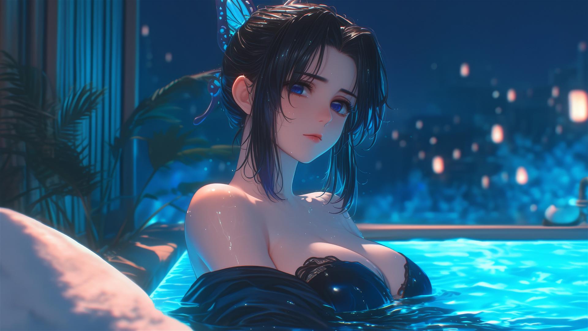 Shinobu Kocho from Demon Slayer resting in her tub under moonlight
