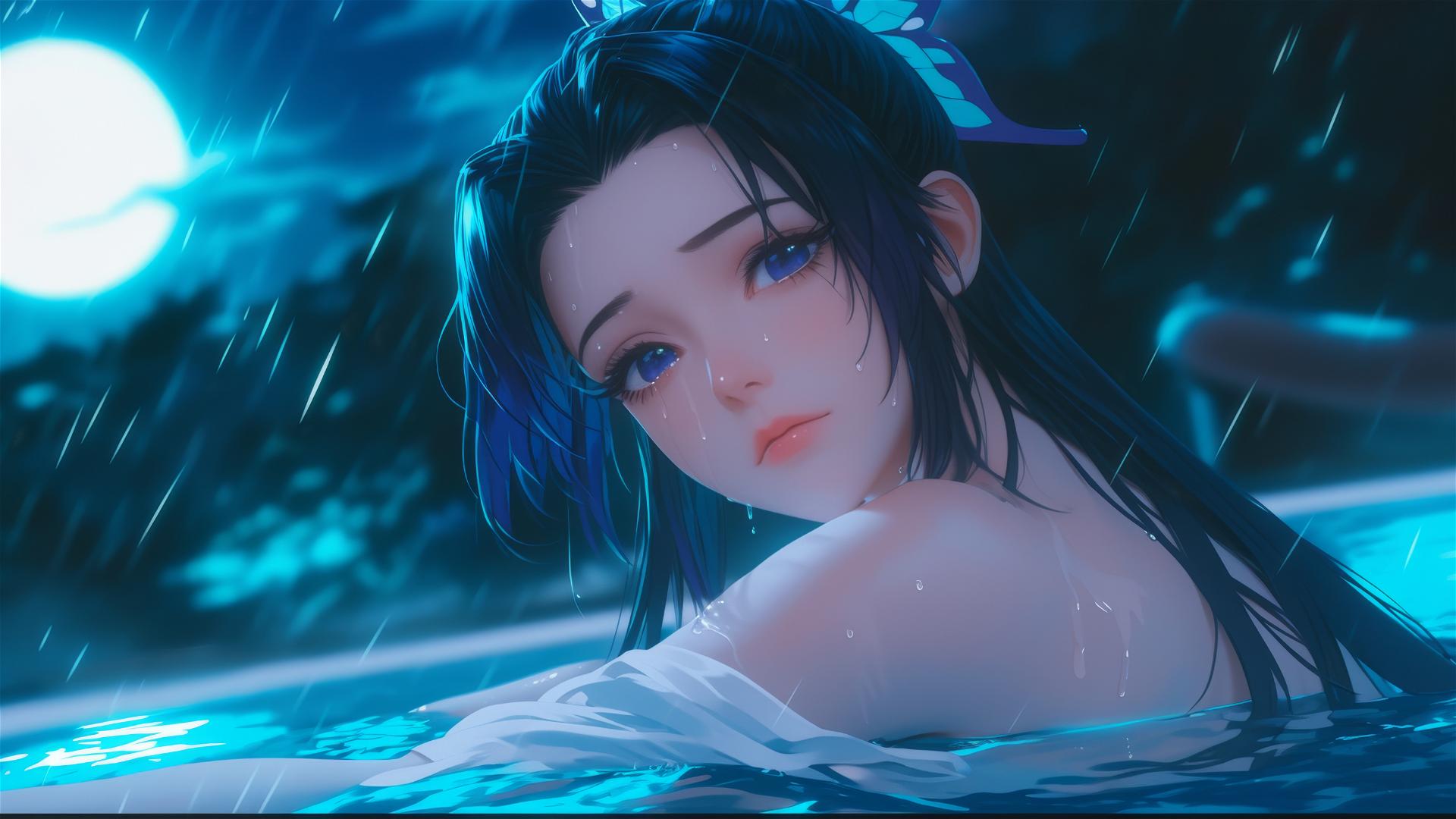 Shinobu Kocho of Demon Slayer resting in tub with moonlight glow