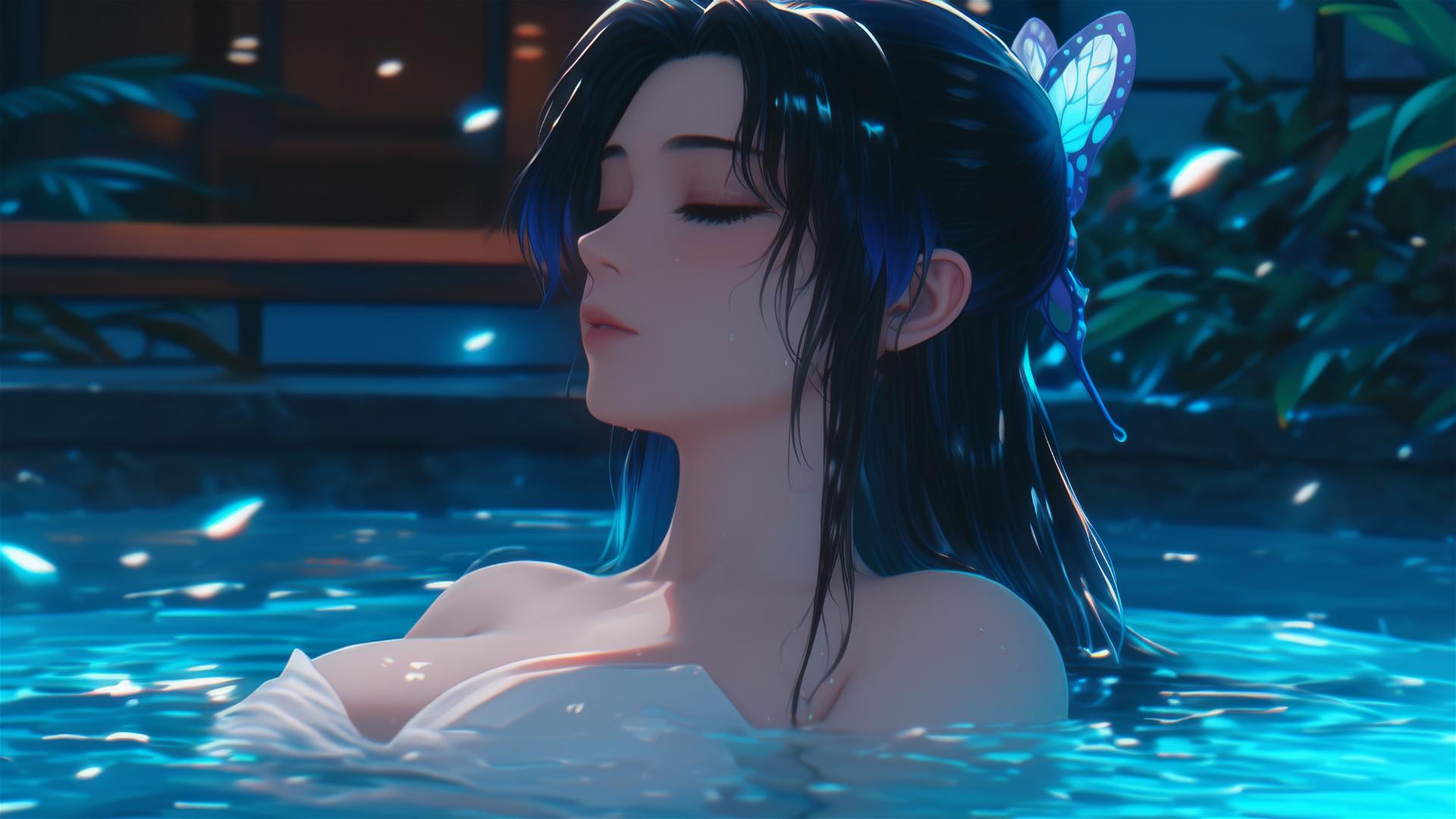 Shinobu Kocho from Demon Slayer resting in an apartment tub under moonlight