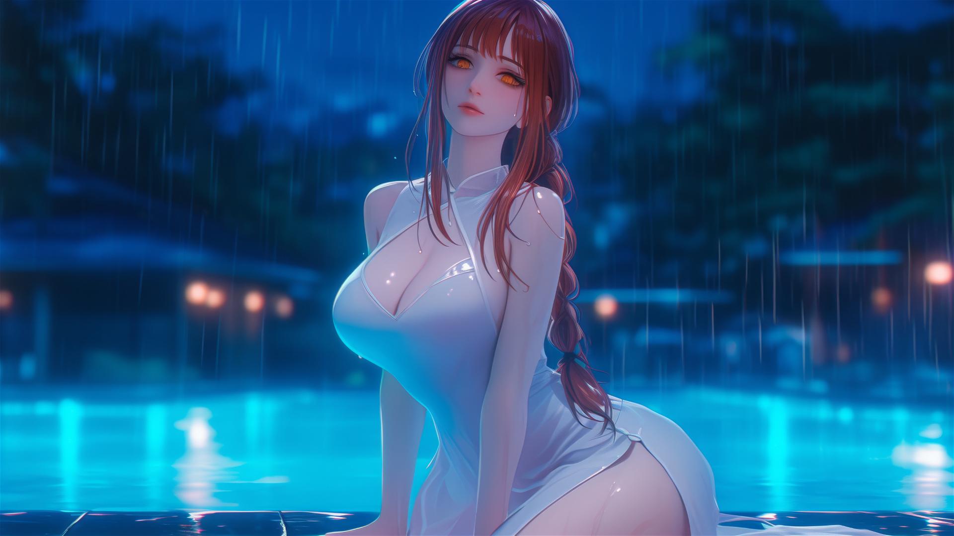 Makima from Chainsaw Man resting by a rainy pool under moonlight, in pink dress and blonde hair
