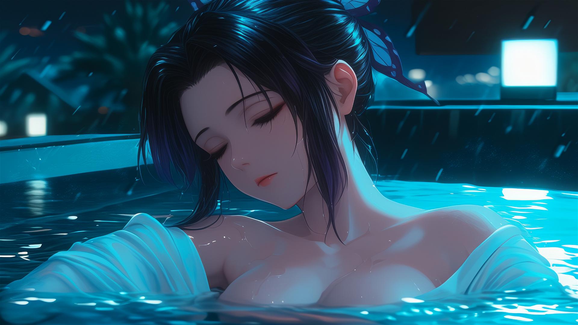 Shinobu Kocho from Demon Slayer relaxing in tub with moonlight glow