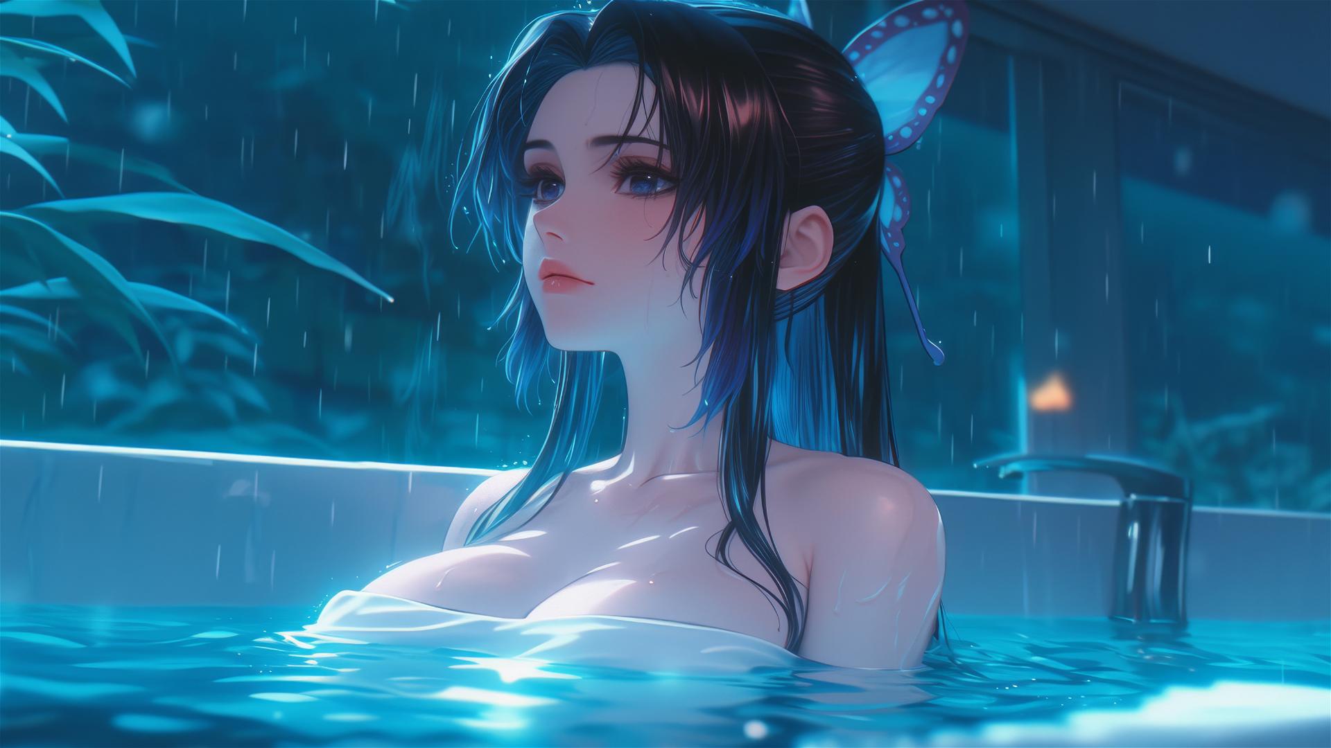 Shinobu Kocho from Demon Slayer leisurely in tub under moonlight glow