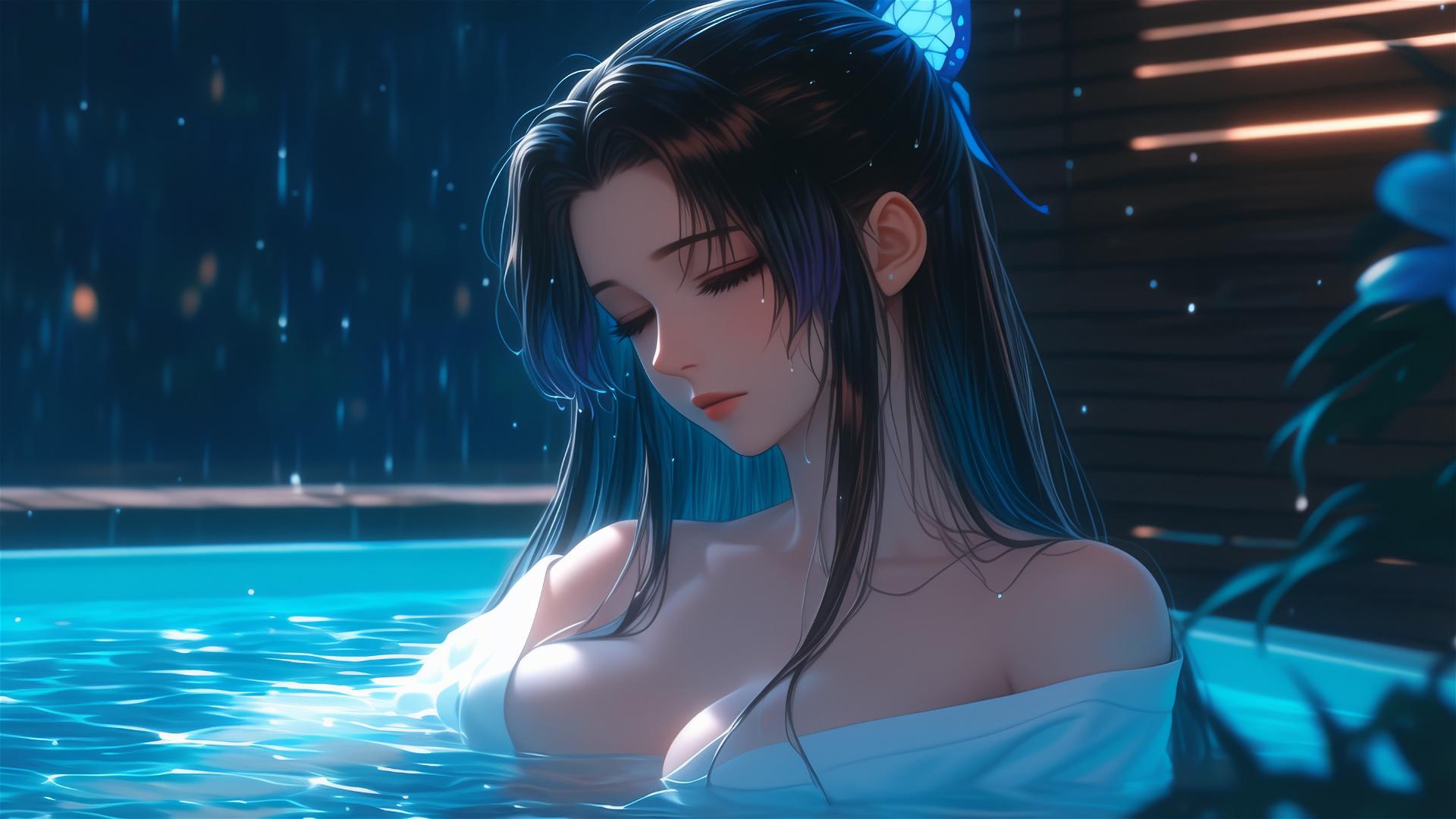 Shinobu Kocho relaxing in a moonlit bathtub