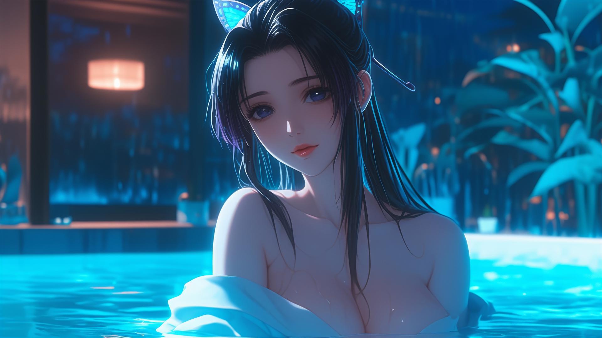 Shinobu Kocho from Demon Slayer resting in a tub with moon light glow