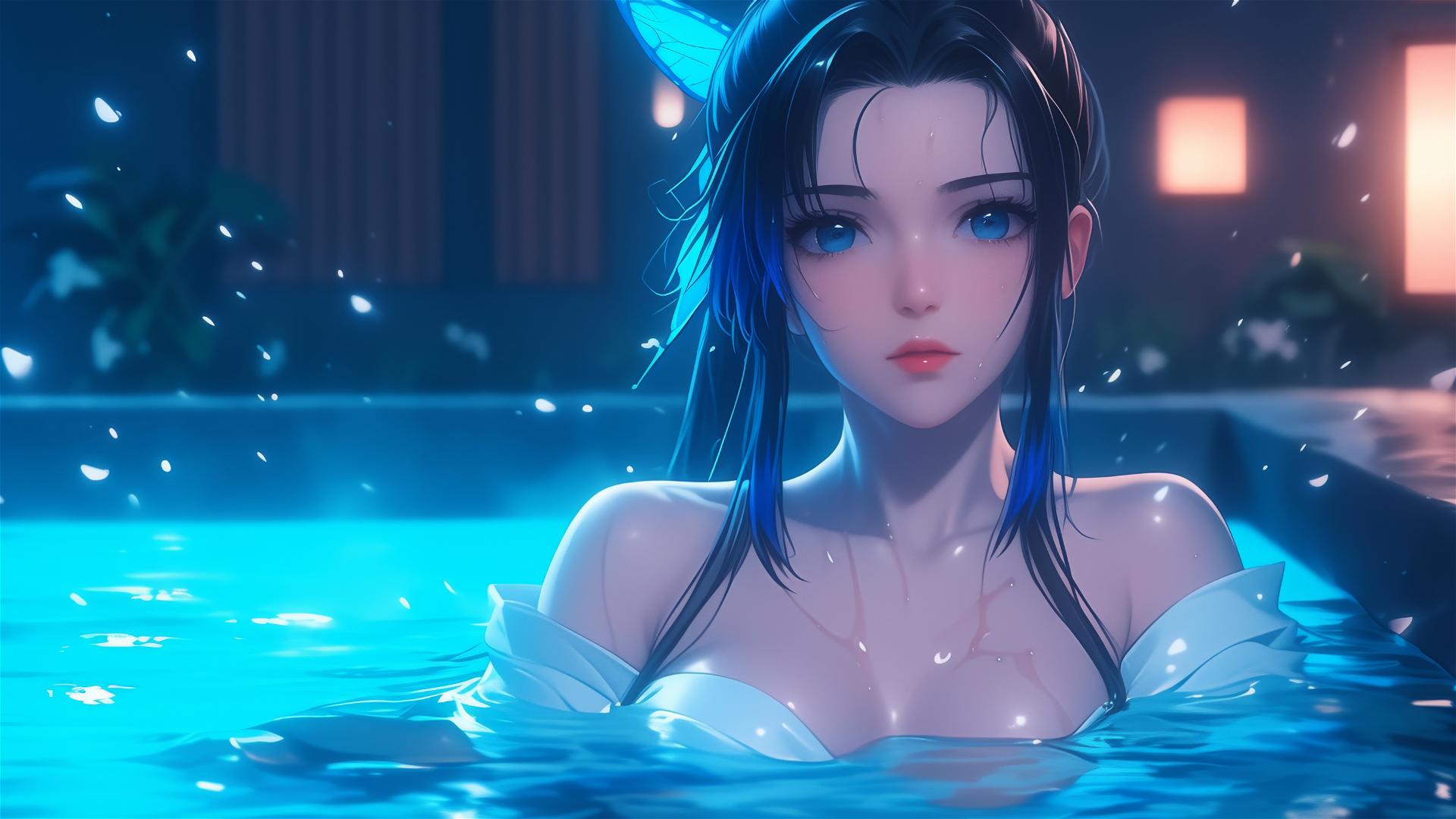 Shinobu Kocho resting in a tub with moonlight glow