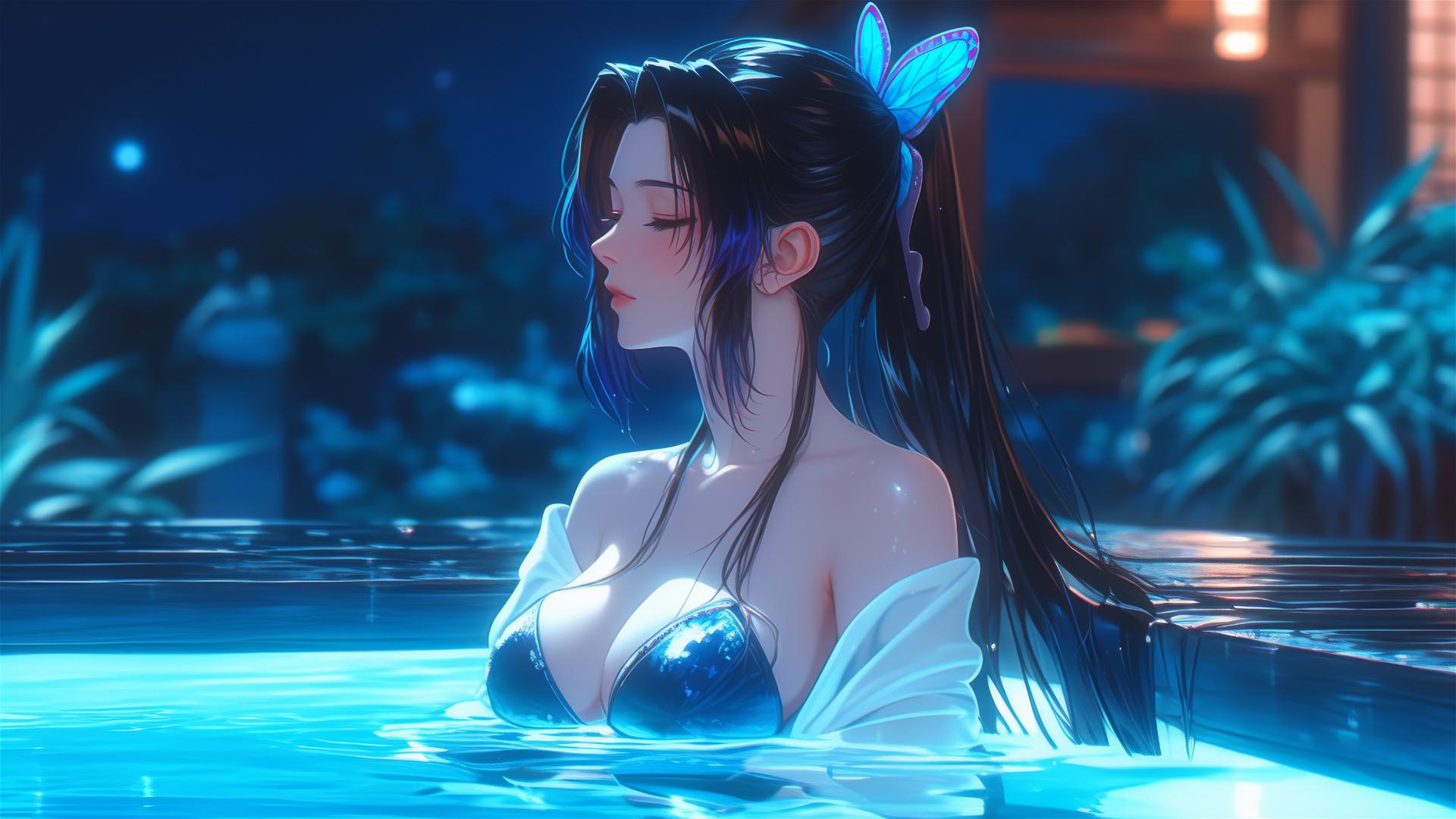 Shinobu Kocho from Demon Slayer resting in an apartment tub under moonlight
