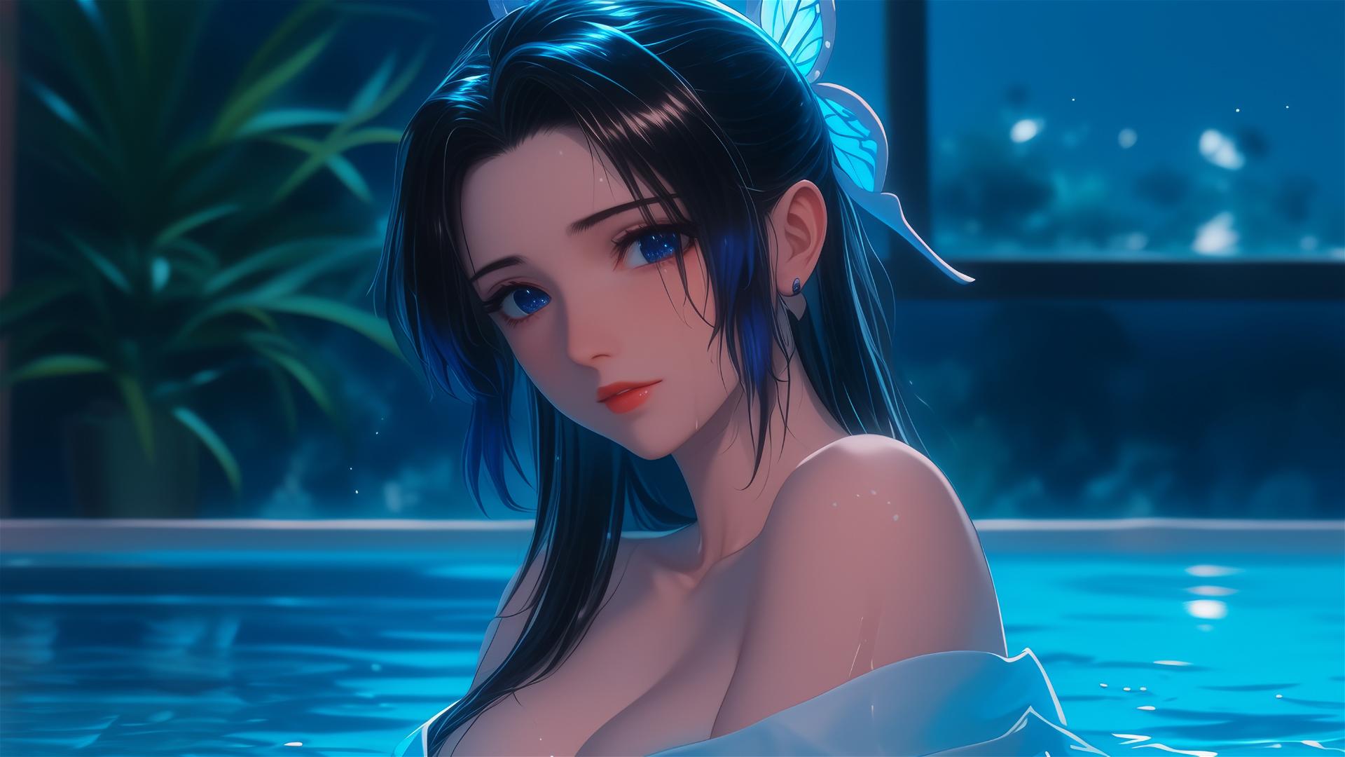 Anime character Shinobu Kocho from Demon Slayer relaxation in bathtub under moonlight