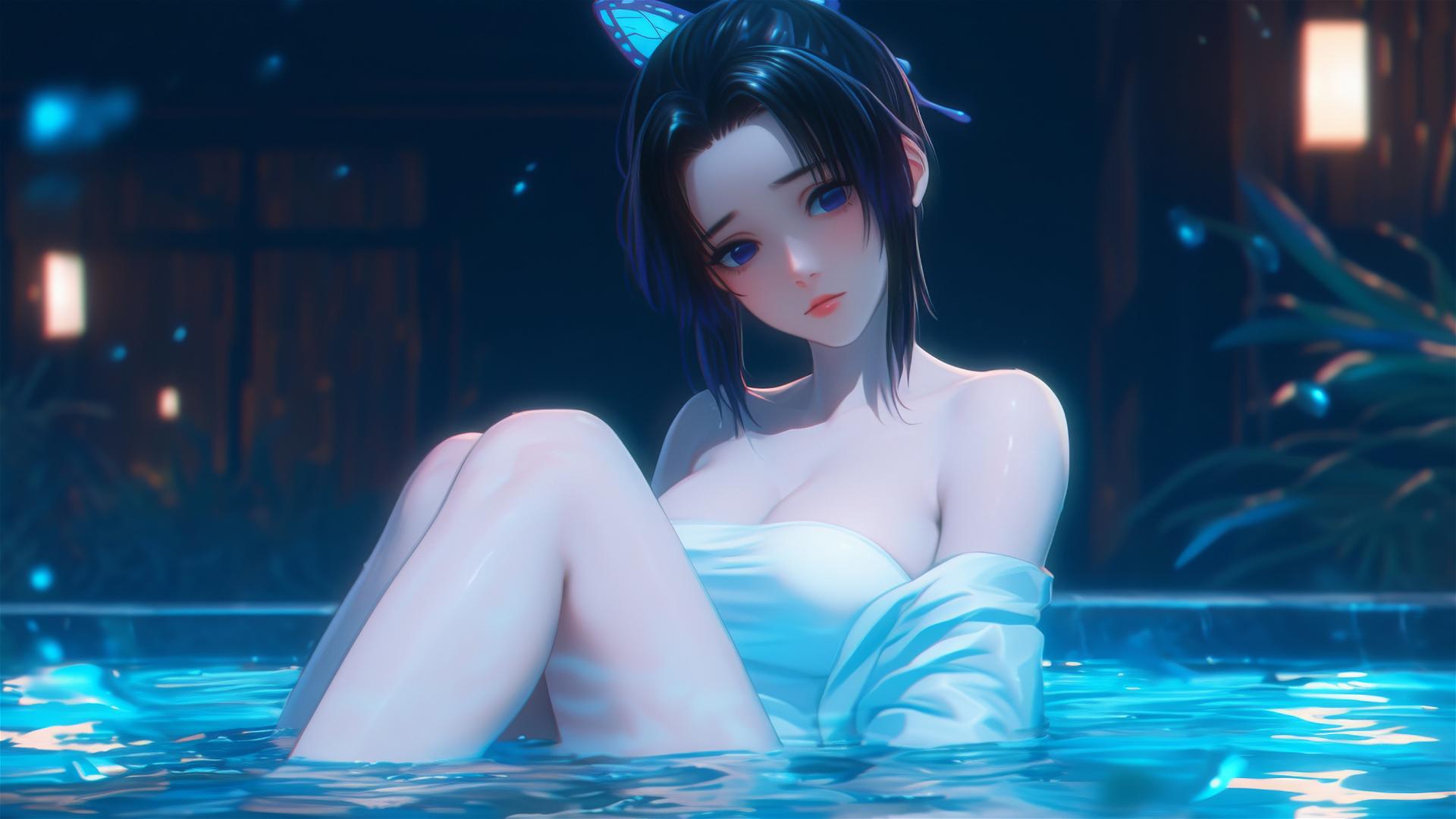 Shinobu Kocho from Demon Slayer resting in an apartment tub under moonlight