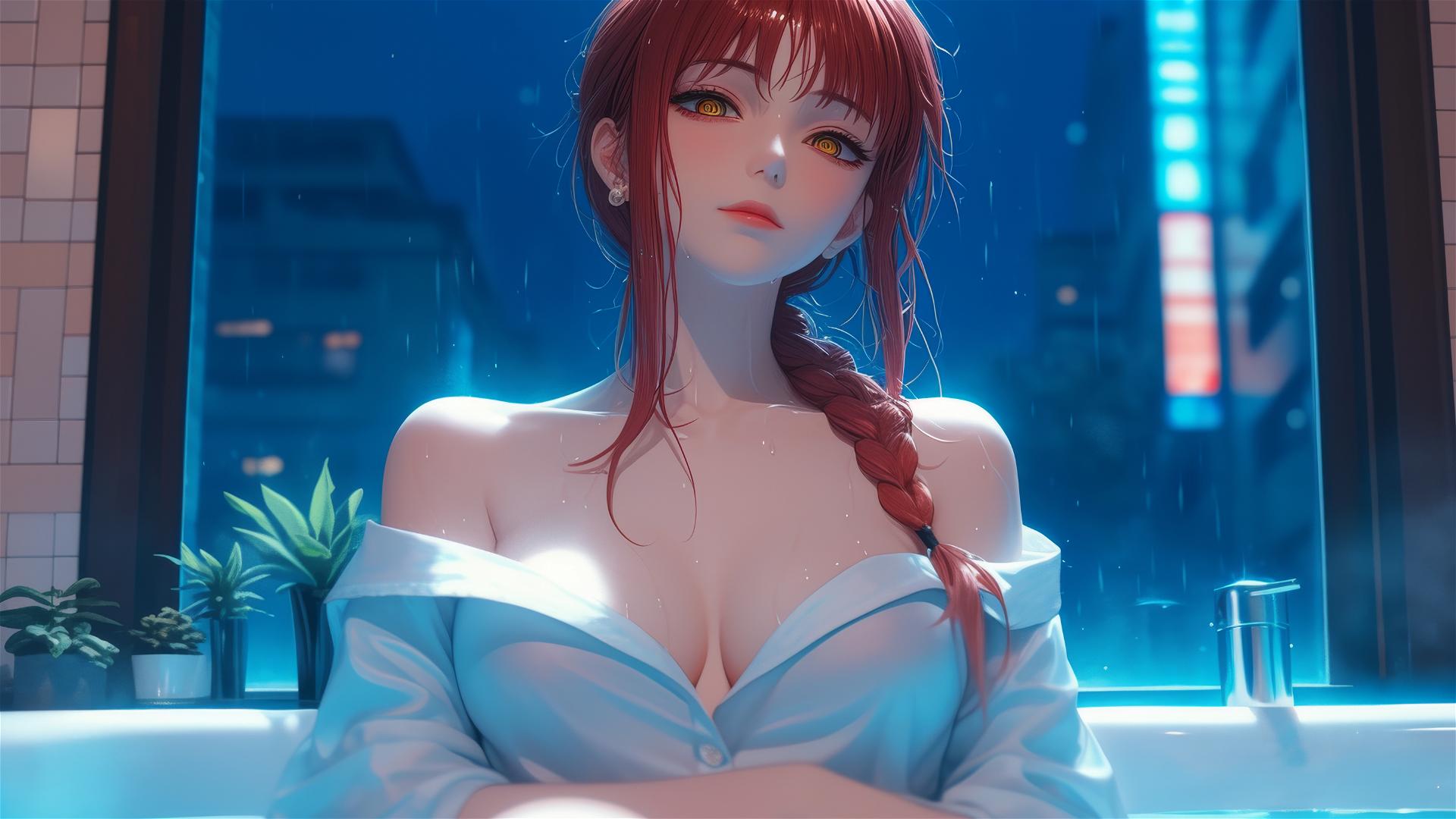 Makima from Chainsaw Man resting in her apartment's tub under moonlight, displaying redish hair