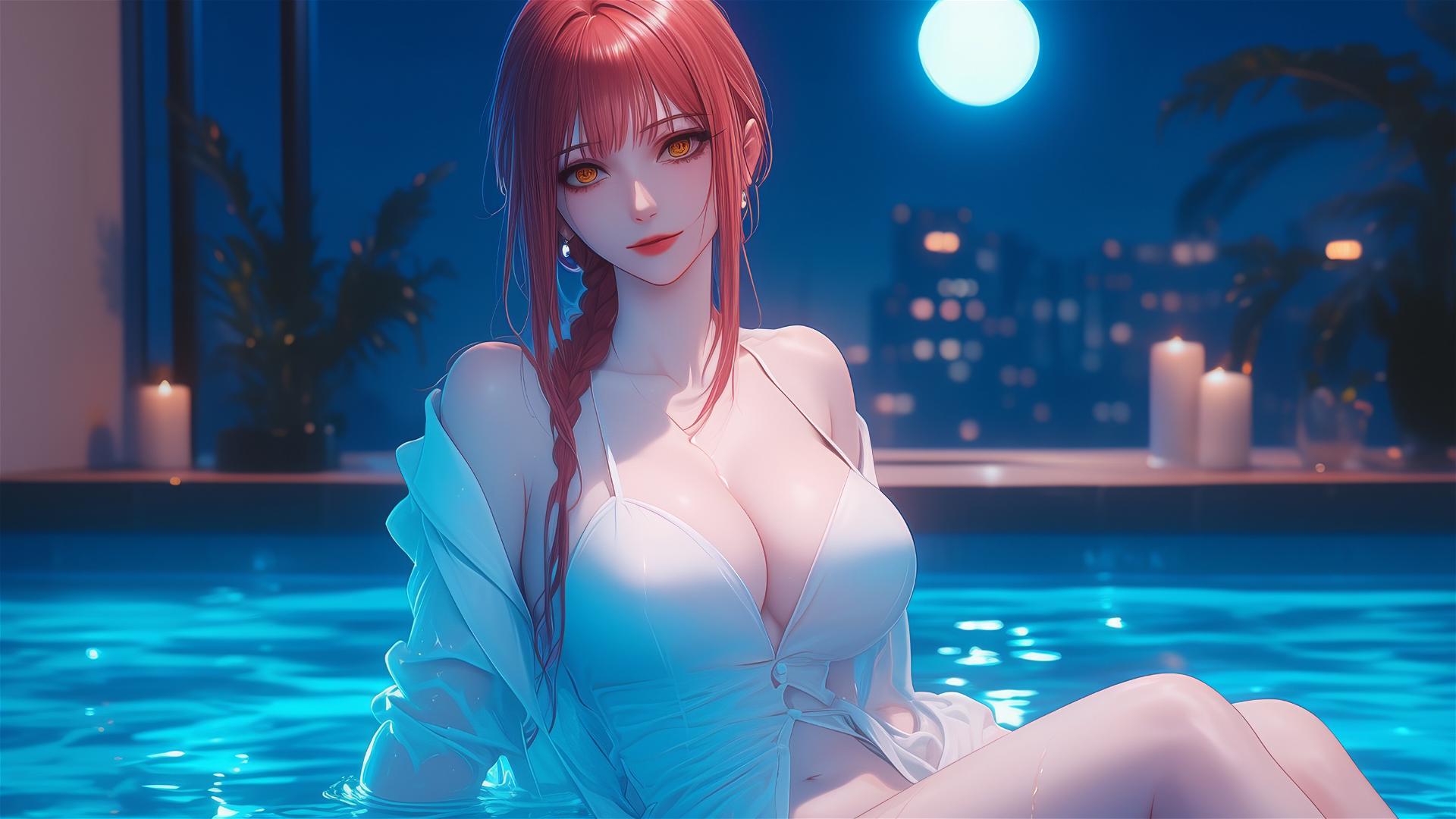 Makima from Chainsaw Man resting in a tub, moonlight highlighting her figure