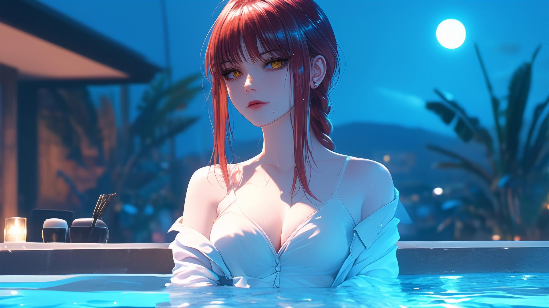 Makima from Chainsaw Man resting in tub under moonlight, glowing reddish hair