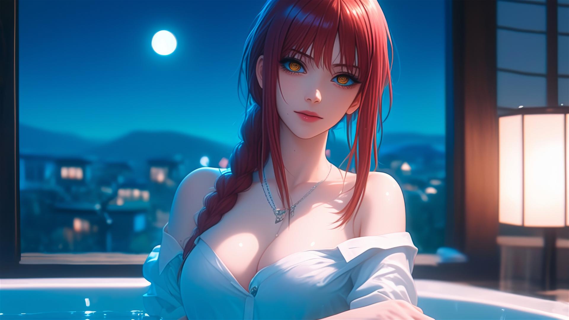 Makima from Chainsaw Man resting in a moonlit tub in her apartment with reddish hair