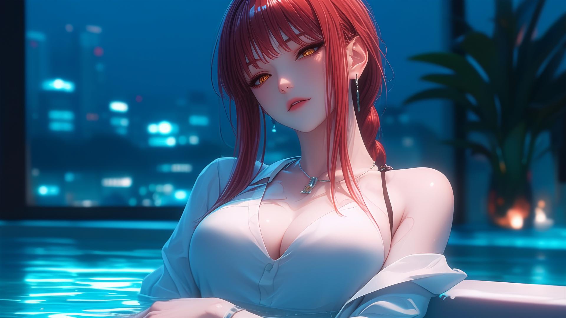 Makima from Chainsaw Man relaxing in tub under moonlight, with a soft glow highlighting her reddish hair.