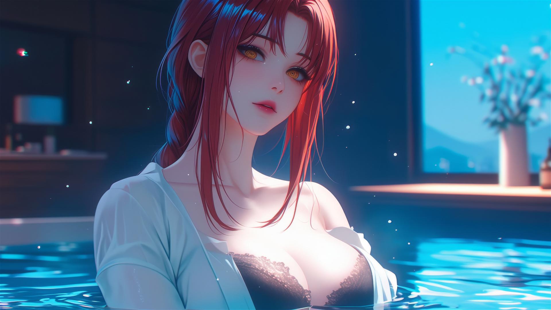 Makima from Chainsaw Man resting in tub under moonlight, reddish hair visible