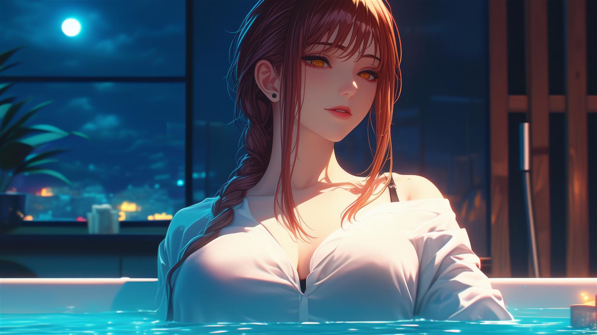 Makima from Chainsaw Man resting in apartment tub under moonlight