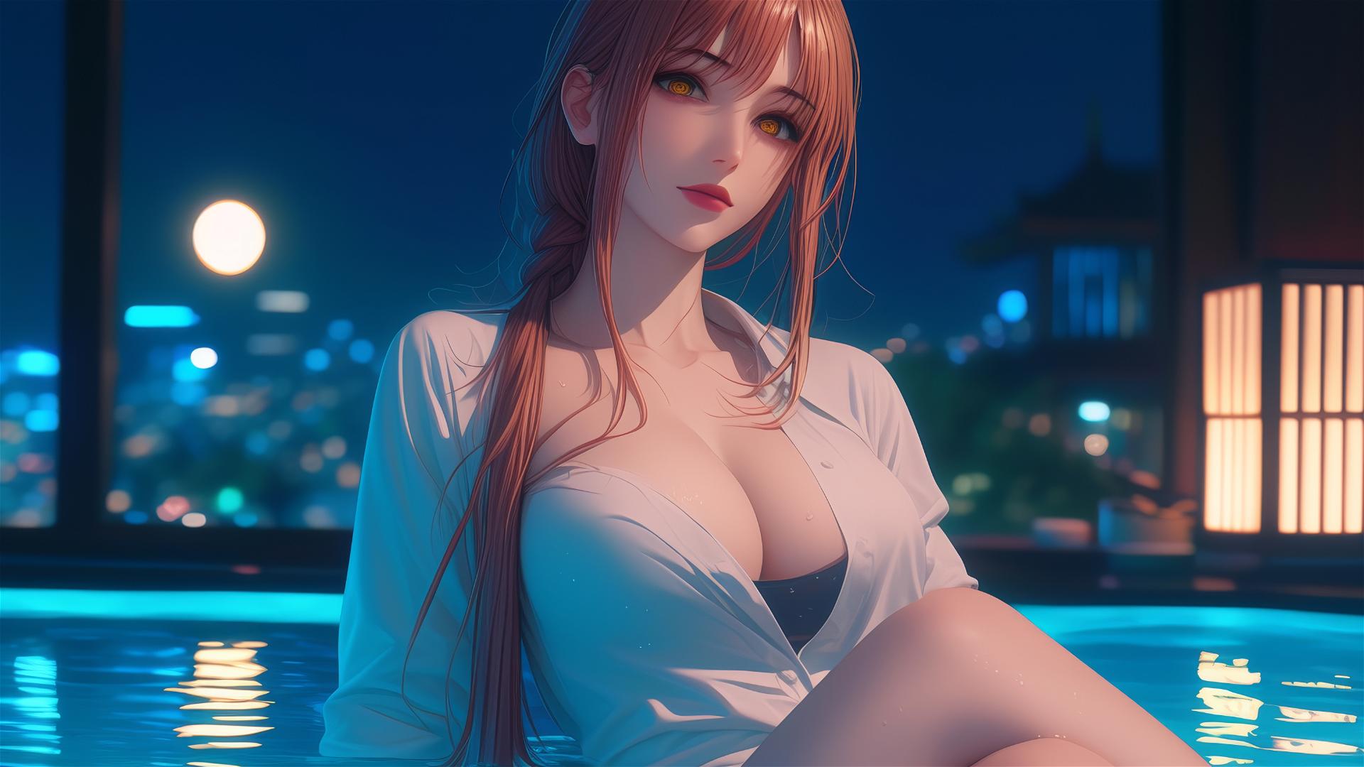 Makima from Chainsaw Man resting in tub under moonlight, blond and redish hair
