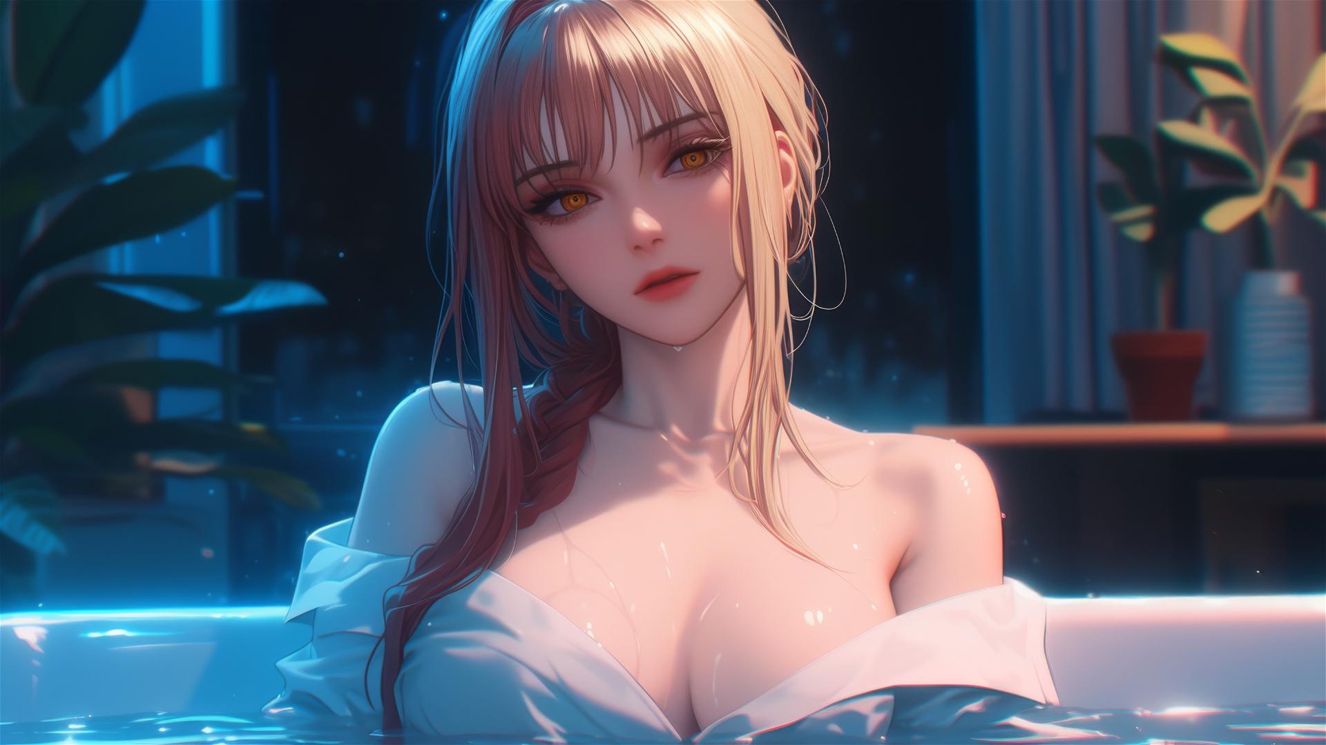 Makima from Chainsaw Man resting in a tub under moonlight, with blond and reddish hair