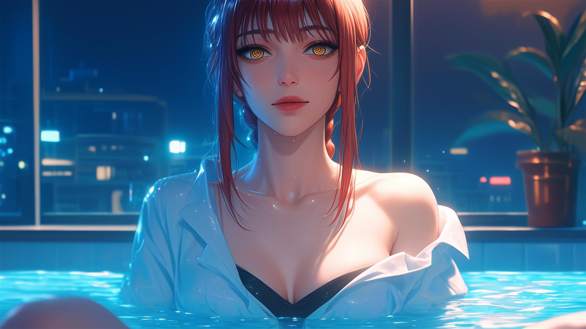 Makima from Chainsaw Man rests in tub, bathed in moon light with blonde and redish hair