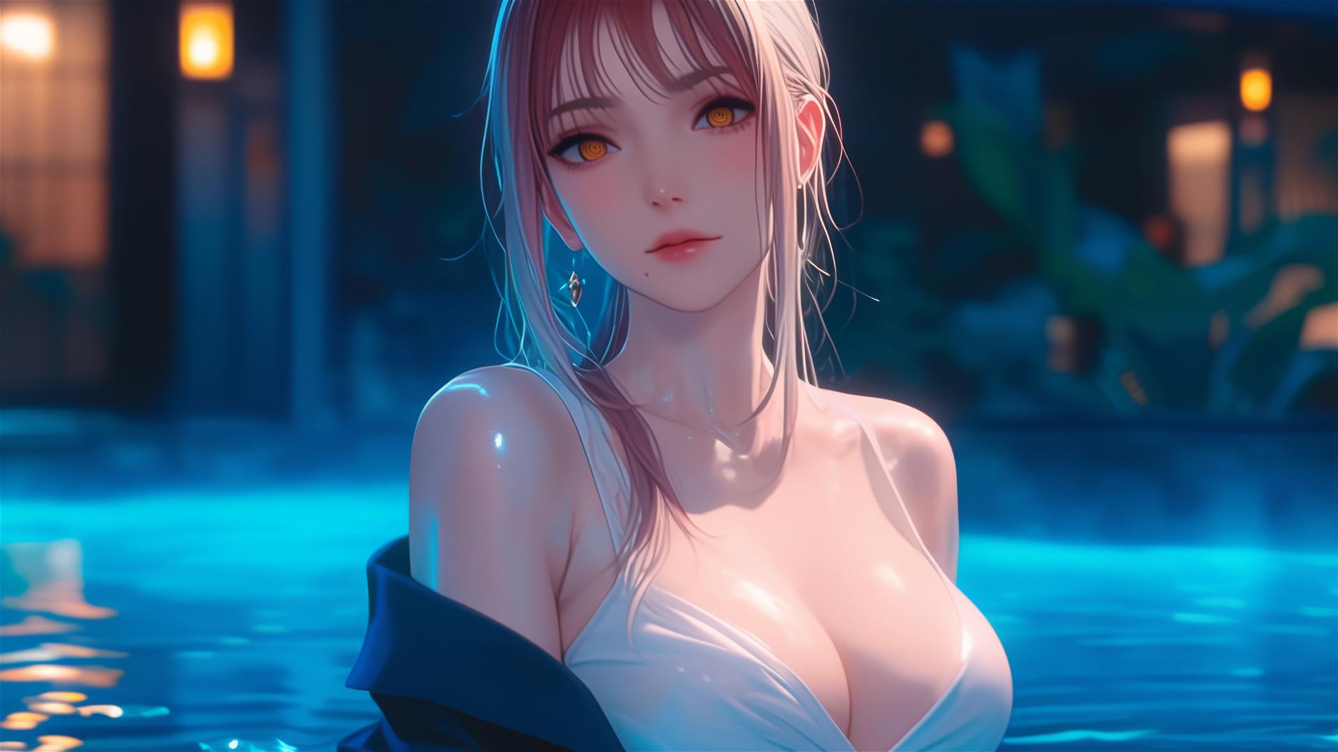 Makima from Chainsaw Man lounging in tub with moonlight glow