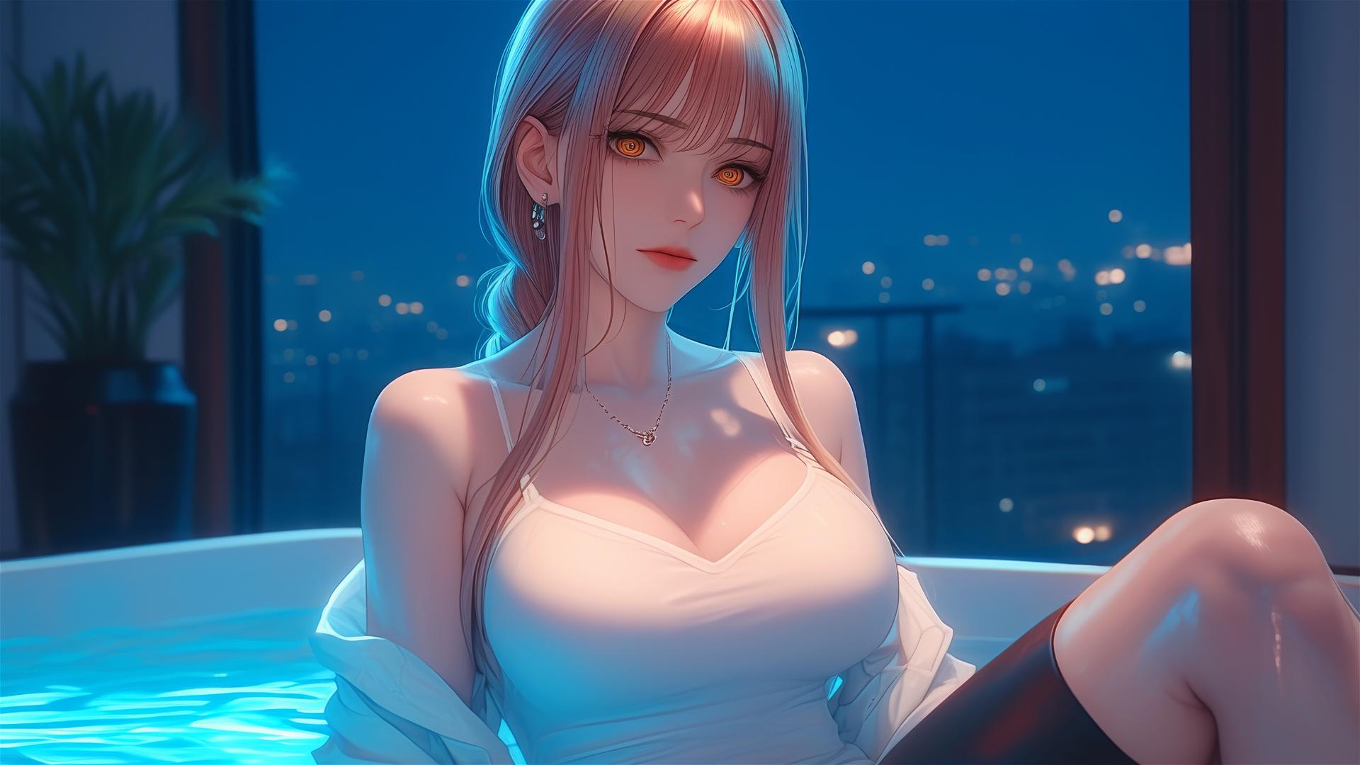 Makima resting in a tub under moonlight in her apartment