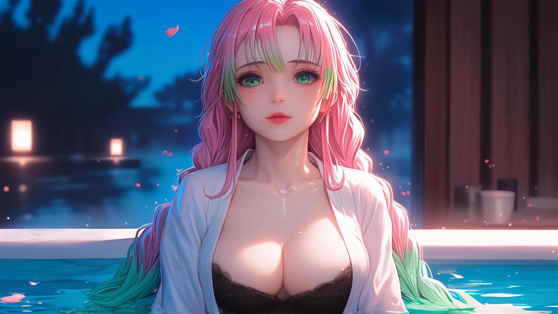 Mitsuri Kanroji from Demon Slayer resting in a tub under moonlight, with pink hair transitioning to lime green