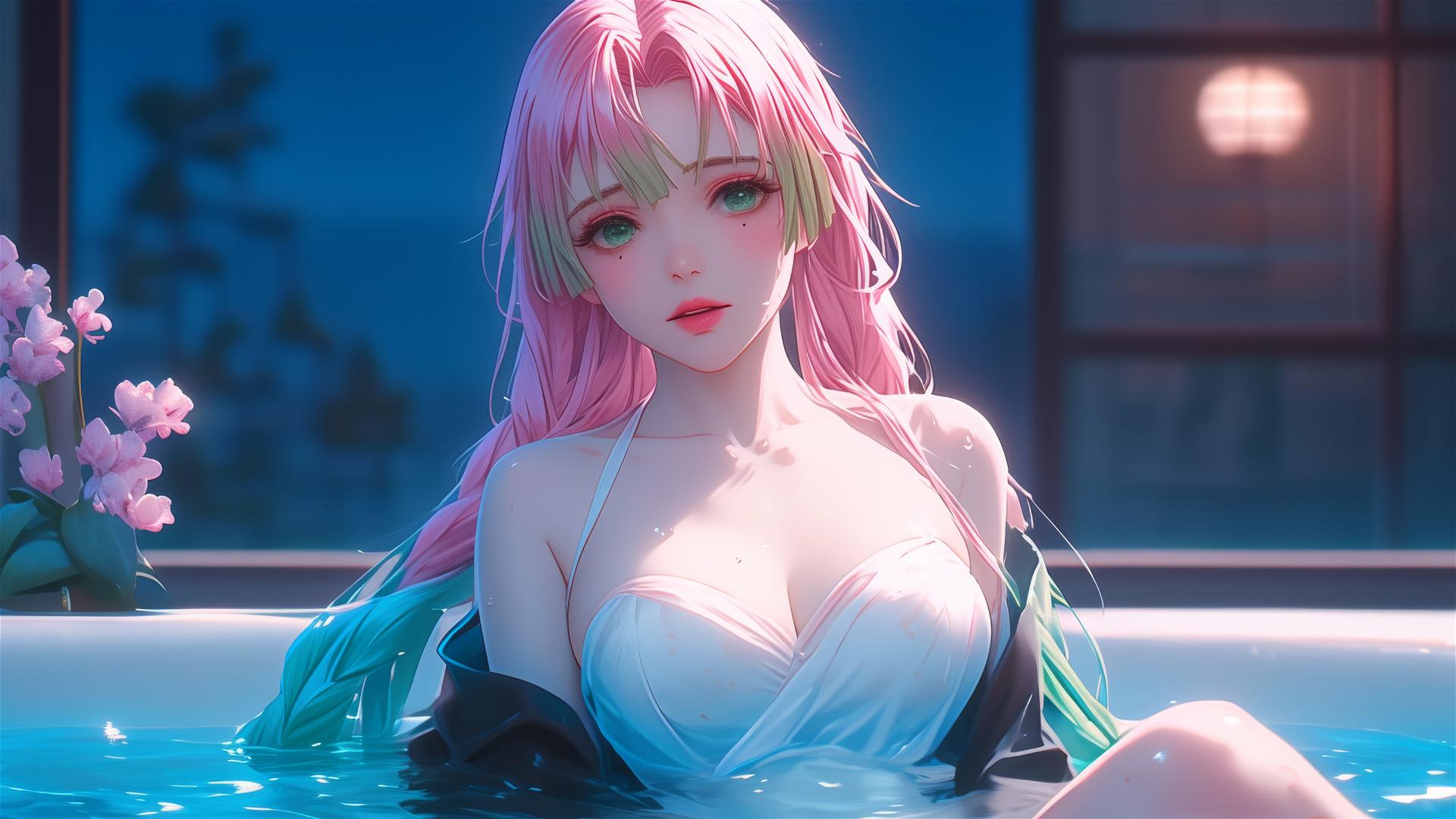 Mitsuri Kanroji from Demon Slayer resting in a tub with moonlit soft glow on her figure, pink hair fading to lime green.