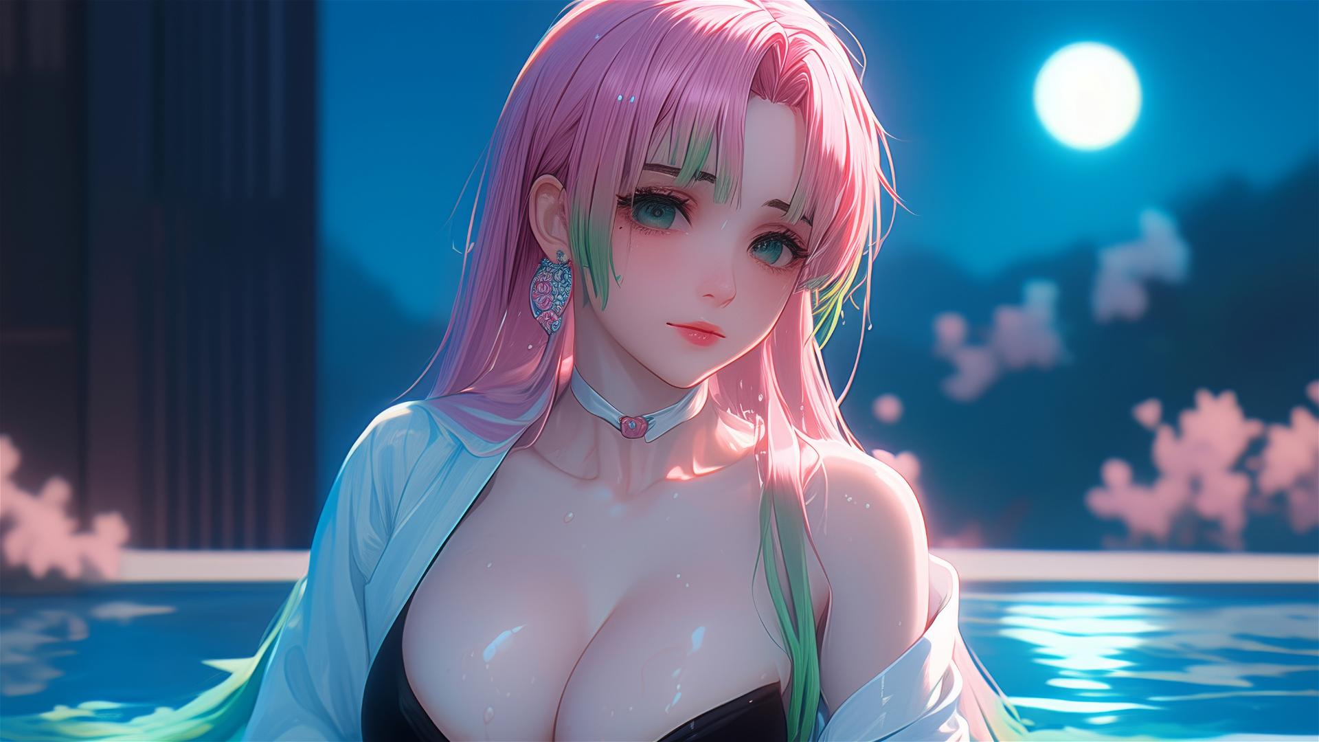 Mitsuri Kanroji from Demon Slayer resting in a tub under moonlight, with light pink to lime green hair