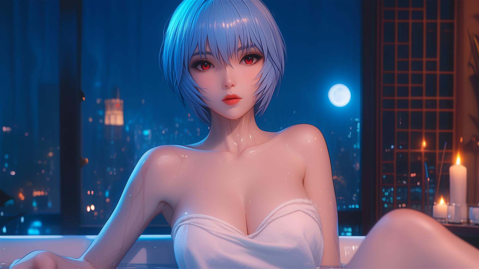 Rei Ayanami resting in a tub under moonlight with short blue hair