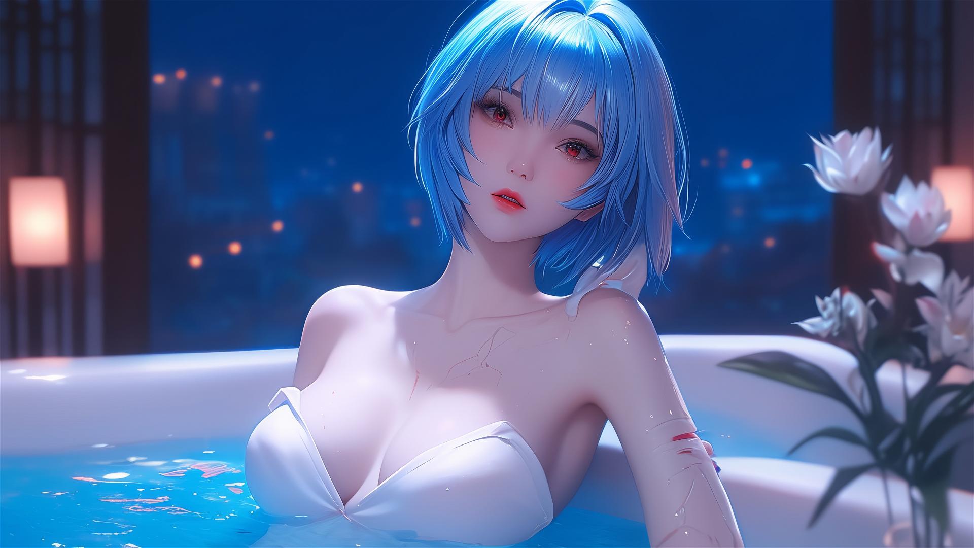 Rei Ayanami from Neon Genesis Evangelion resting under moonlight in her apartment tub