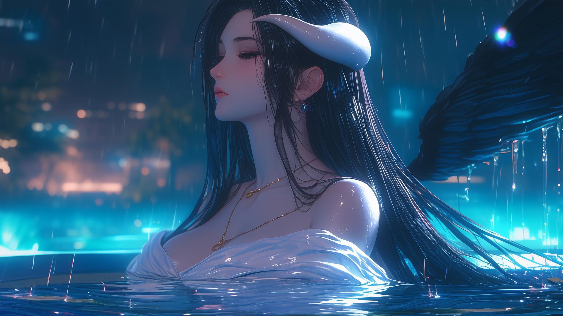 Albedo from Overlord relaxing in a tub under moonlight