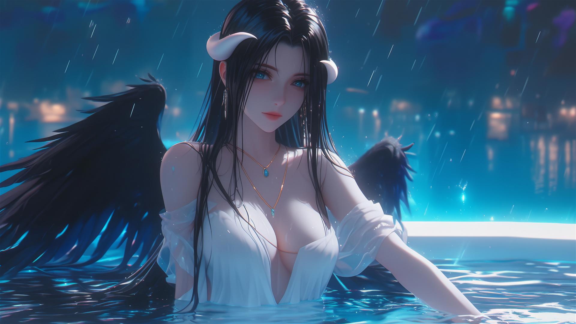 Albedo from Overlord resting in her apartment's tub under moonlight