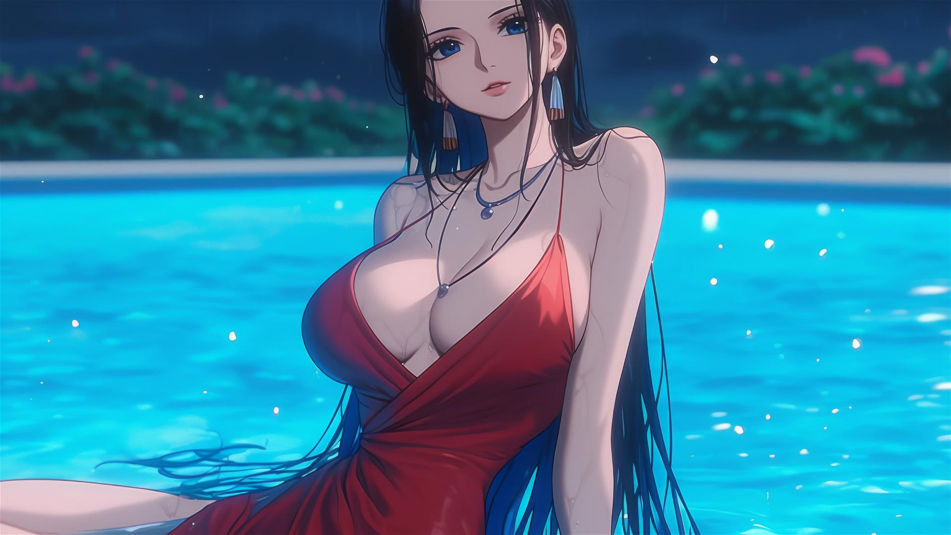 Nico Robin from One Piece resting at a rainy swimming pool under moonlight, dressed in red