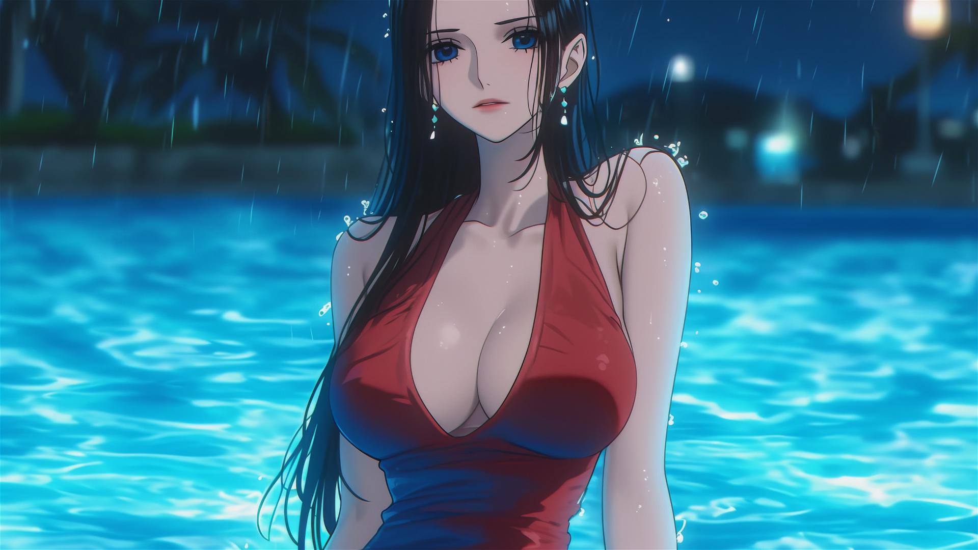 Nico Robin from One Piece resting by a pool under moonlight