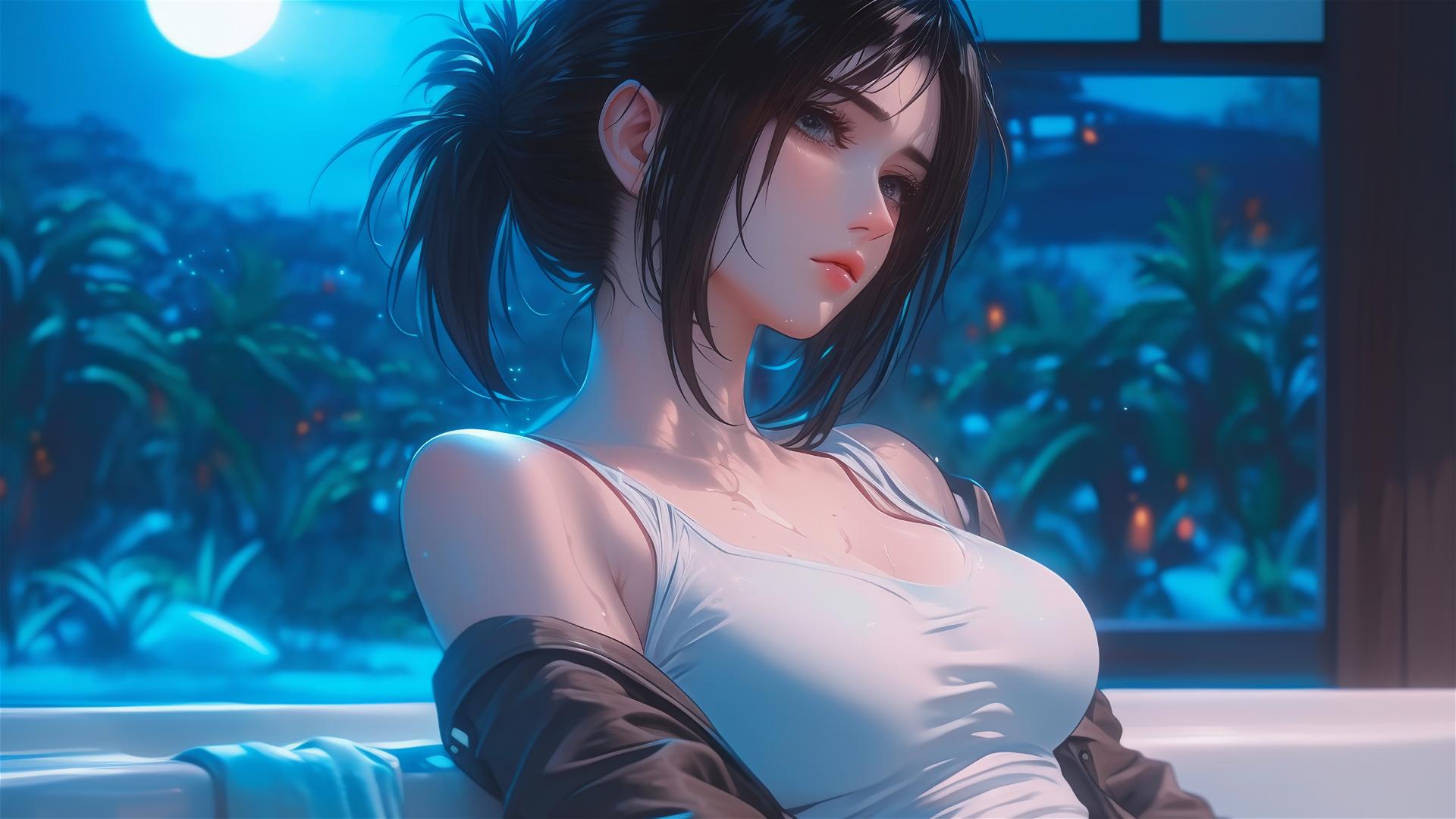 Mikasa Ackerman from Attack on Titan resting in a bathtub under soft moonlight
