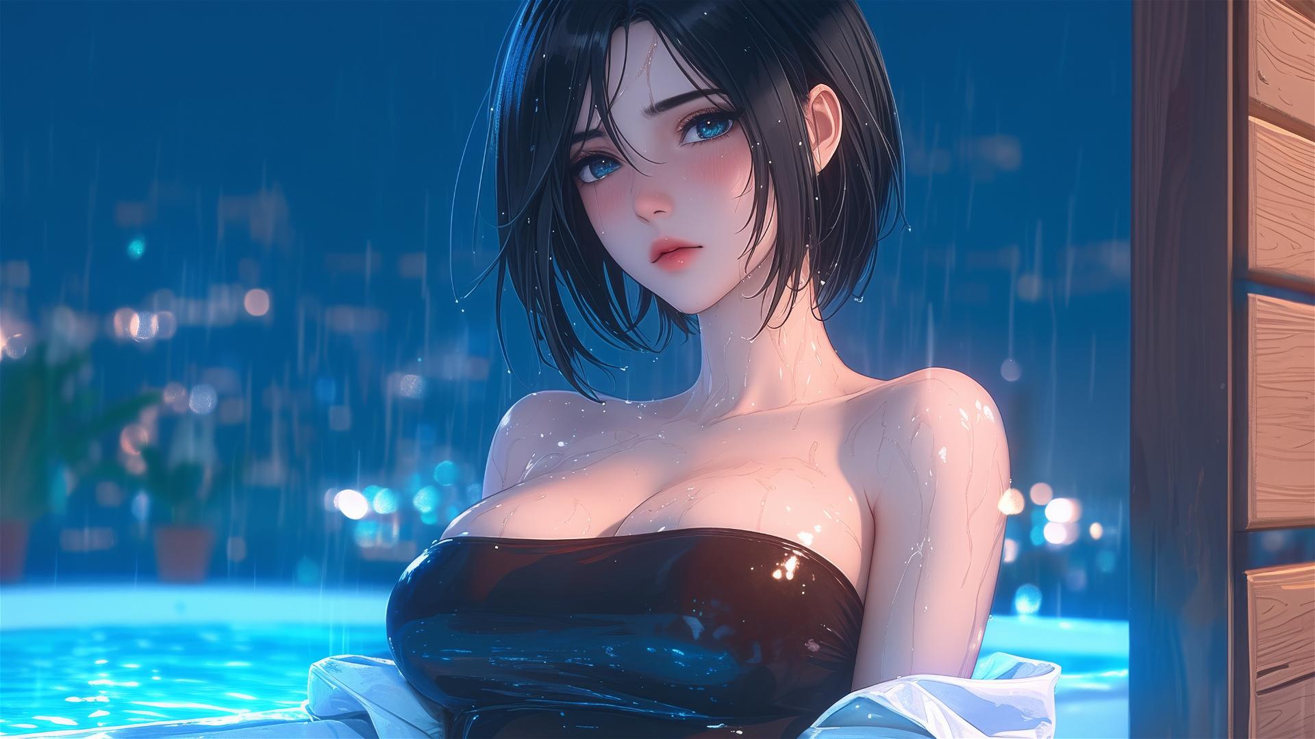 Mikasa Ackerman from Attack on Titan resting in tub with moon light glow