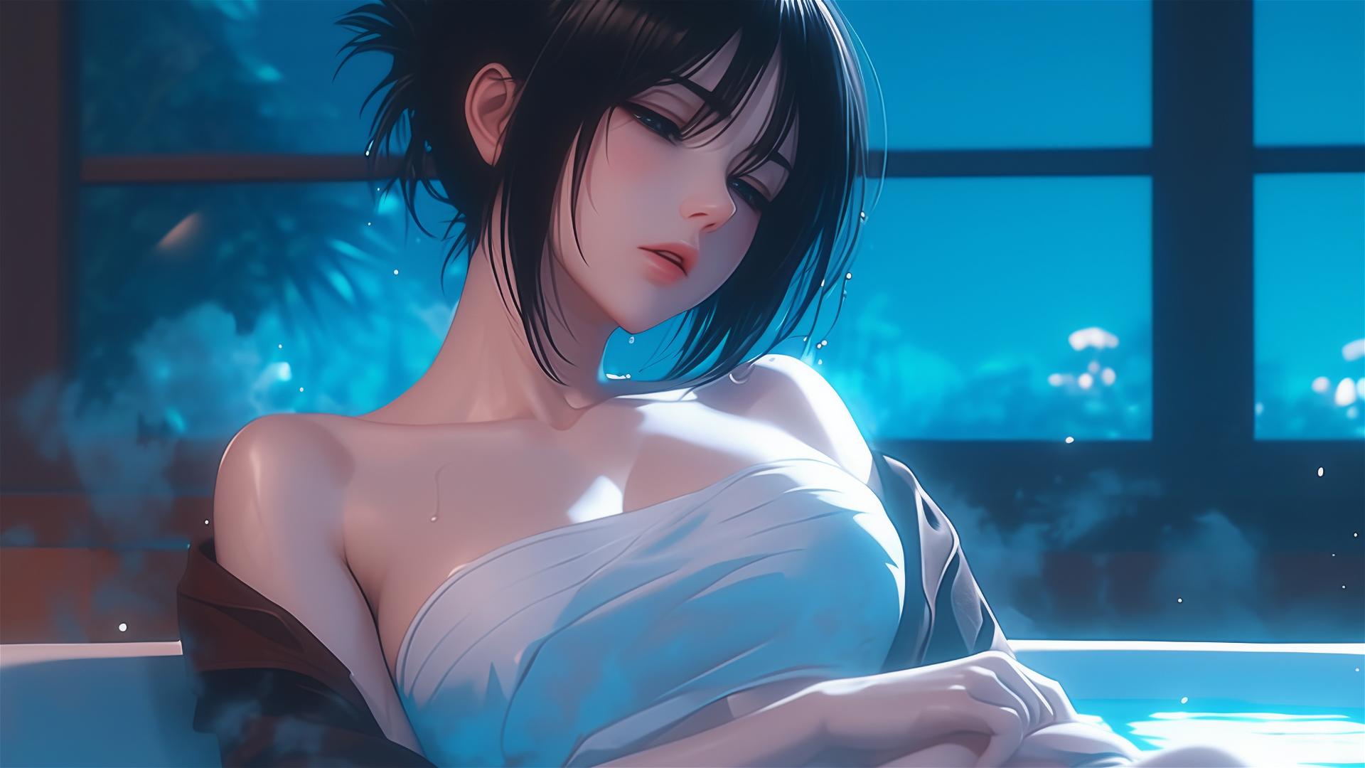 Mikasa Ackerman from Attack on Titan, resting in tub with moonlight casting a soft glow on her figure.